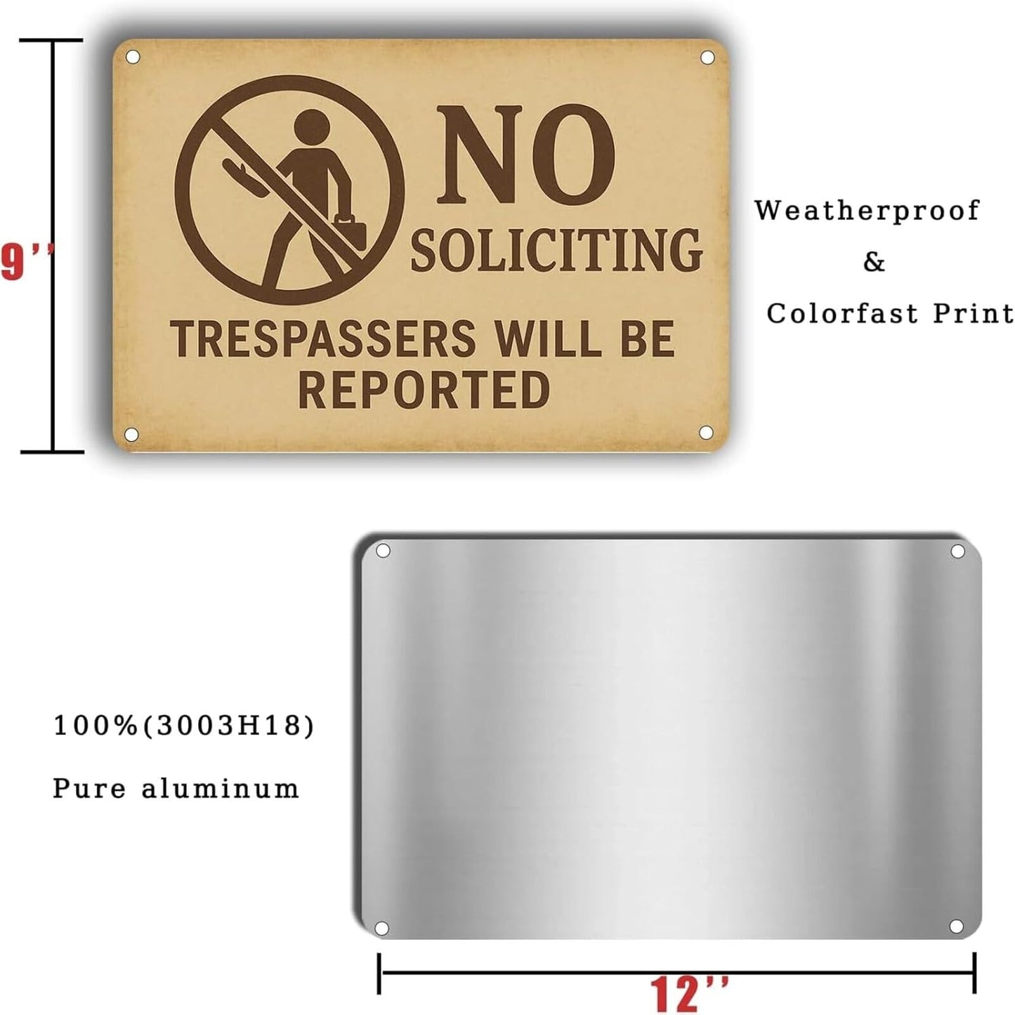 No Soliciting Sign for House - Trespassers Will Be Reported Warning Rust-Free Aluminum Metal Sign UV Printed Waterproof Outdoor No Soliciting Yard Sign for Front Door Fence Gate & Wall with Free Screws & Rope