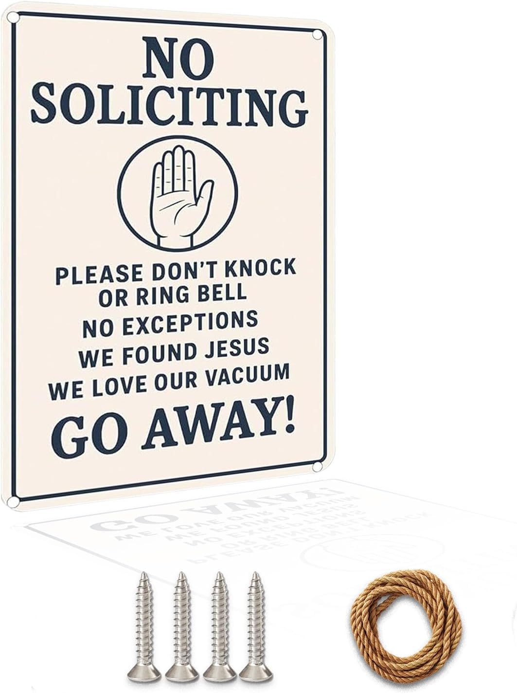No Soliciting Sign for House Funny, 12 x 9 Inches Rust-Proof Aluminum No Soliciting Sign for Front Door, Humorous Do Not Ring Doorbell Signs, No Solicitation Signs for Home with Screws & Rope (White)