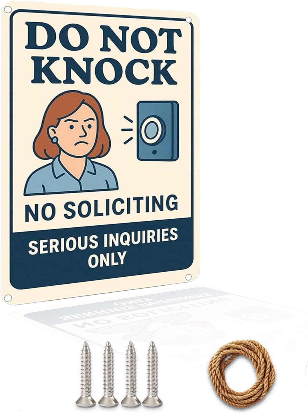 Do Not Knock Sign – 9x12 Inch Funny No Soliciting Metal Sign with Angry Woman Graphic, Rustproof Aluminum, Weatherproof & Windproof, Easy to Clean, Durable Warning for Door or Porch, Includes Screws & Rope