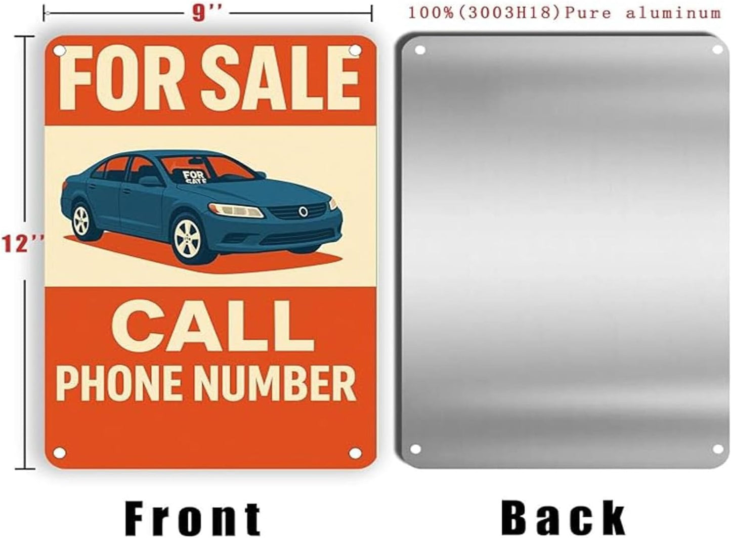 For Sale Sign Car - Rust-Free Aluminum Metal Sign UV Printed Waterproof Outdoor Yard Garage Fence Gate Notice Magnetic Compatible with Vehicle Window + Free Screws & Rope