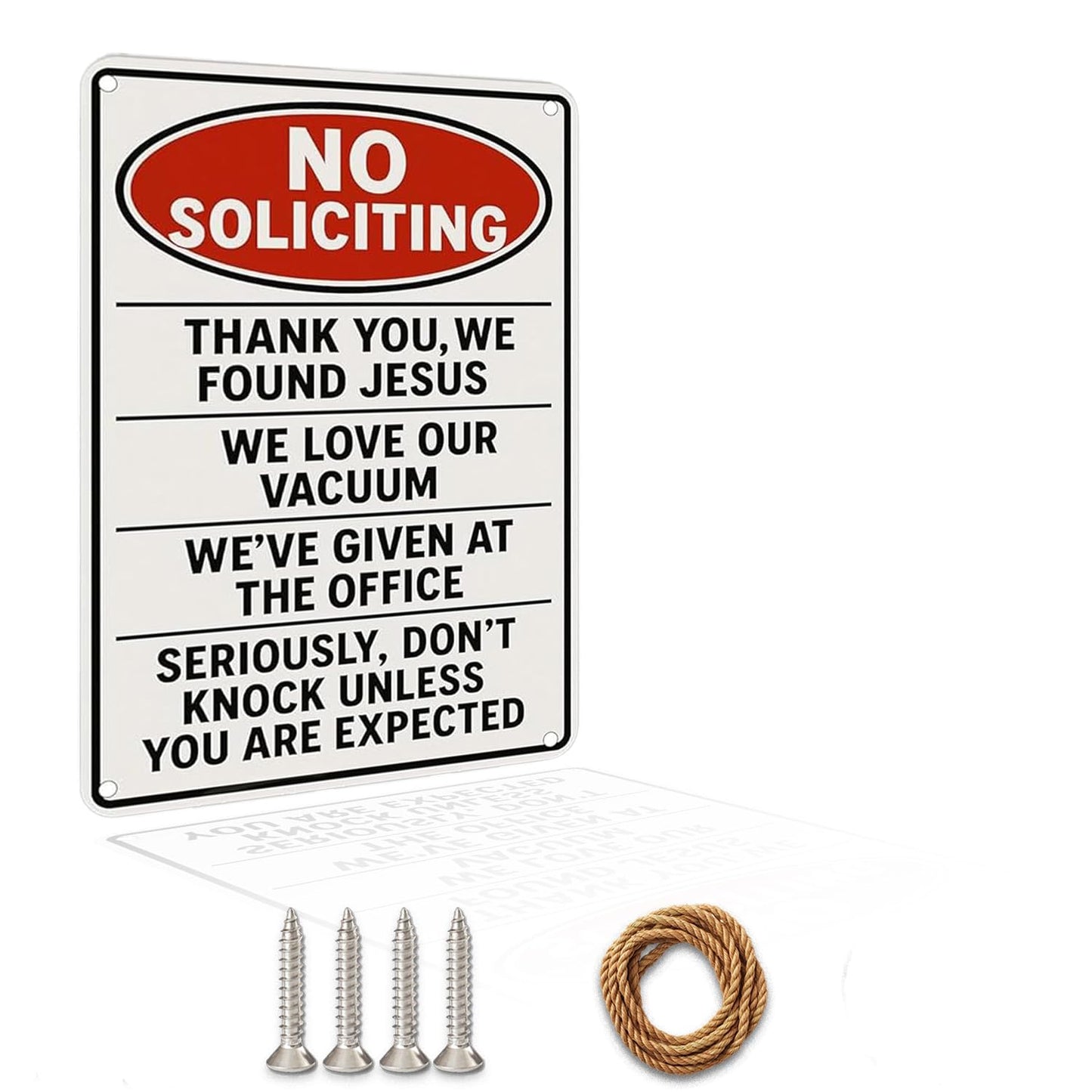 No Soliciting Sign for House Funny, 12 x 9 Inches Rust-Proof Aluminum No Soliciting Sign for Front Door, Humorous Do Not Ring Doorbell Signs, No Solicitation Signs for Home with Screws & Rope (White)