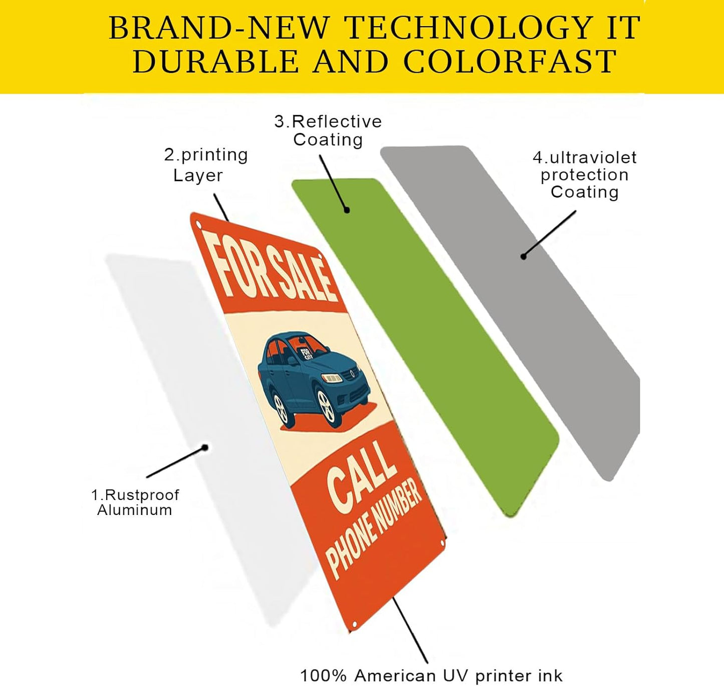 For Sale Sign Car - Rust-Free Aluminum Metal Sign UV Printed Waterproof Outdoor Yard Garage Fence Gate Notice Magnetic Compatible with Vehicle Window + Free Screws & Rope