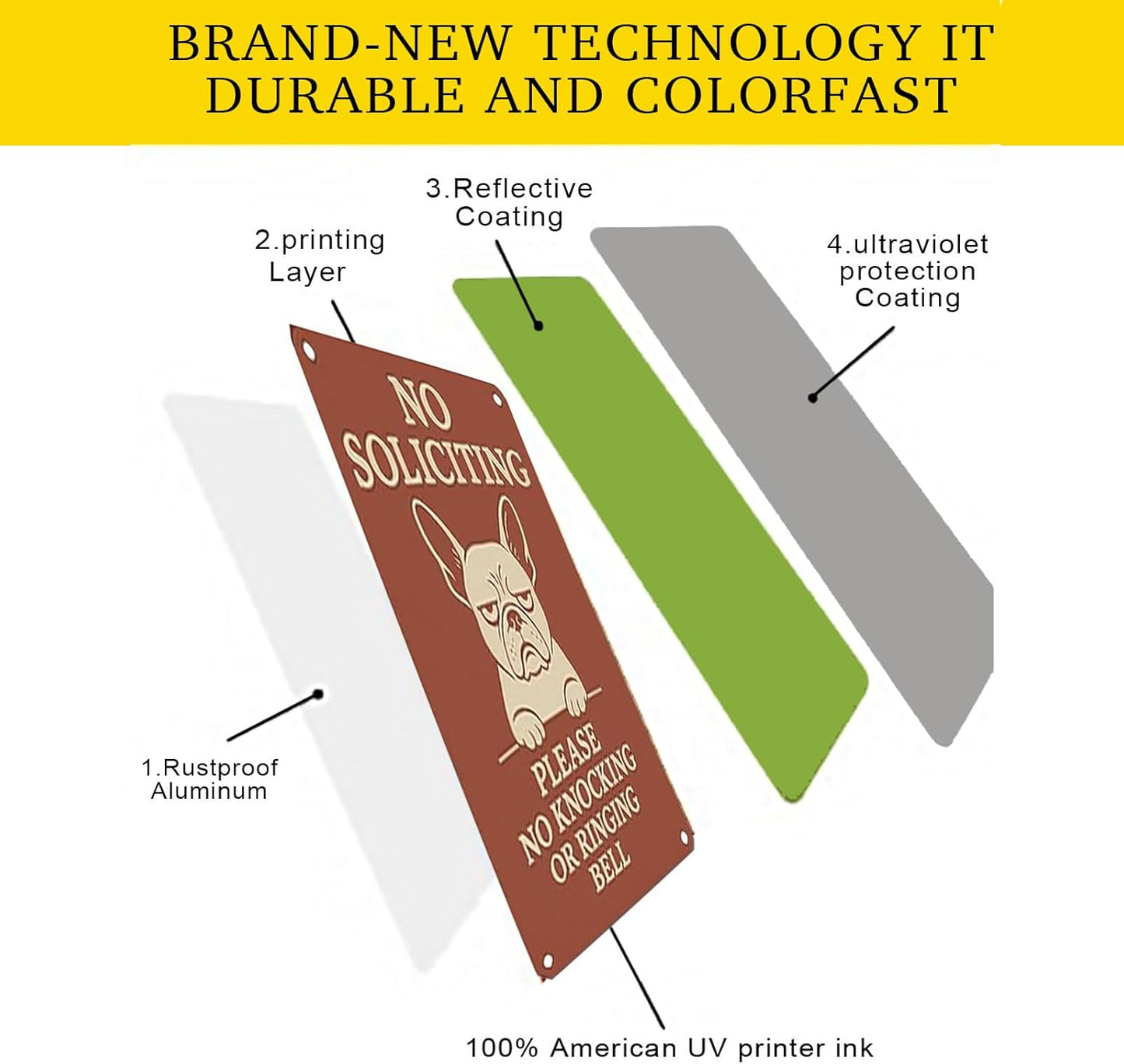 No Soliciting Sign for House - 9x12 Inch French Bulldog Cartoon Design Aluminum UV Printed Waterproof Outdoor Yard Fence Gate Front Door Sign with Free Screws & Rope Pet Style Property Privacy Notice