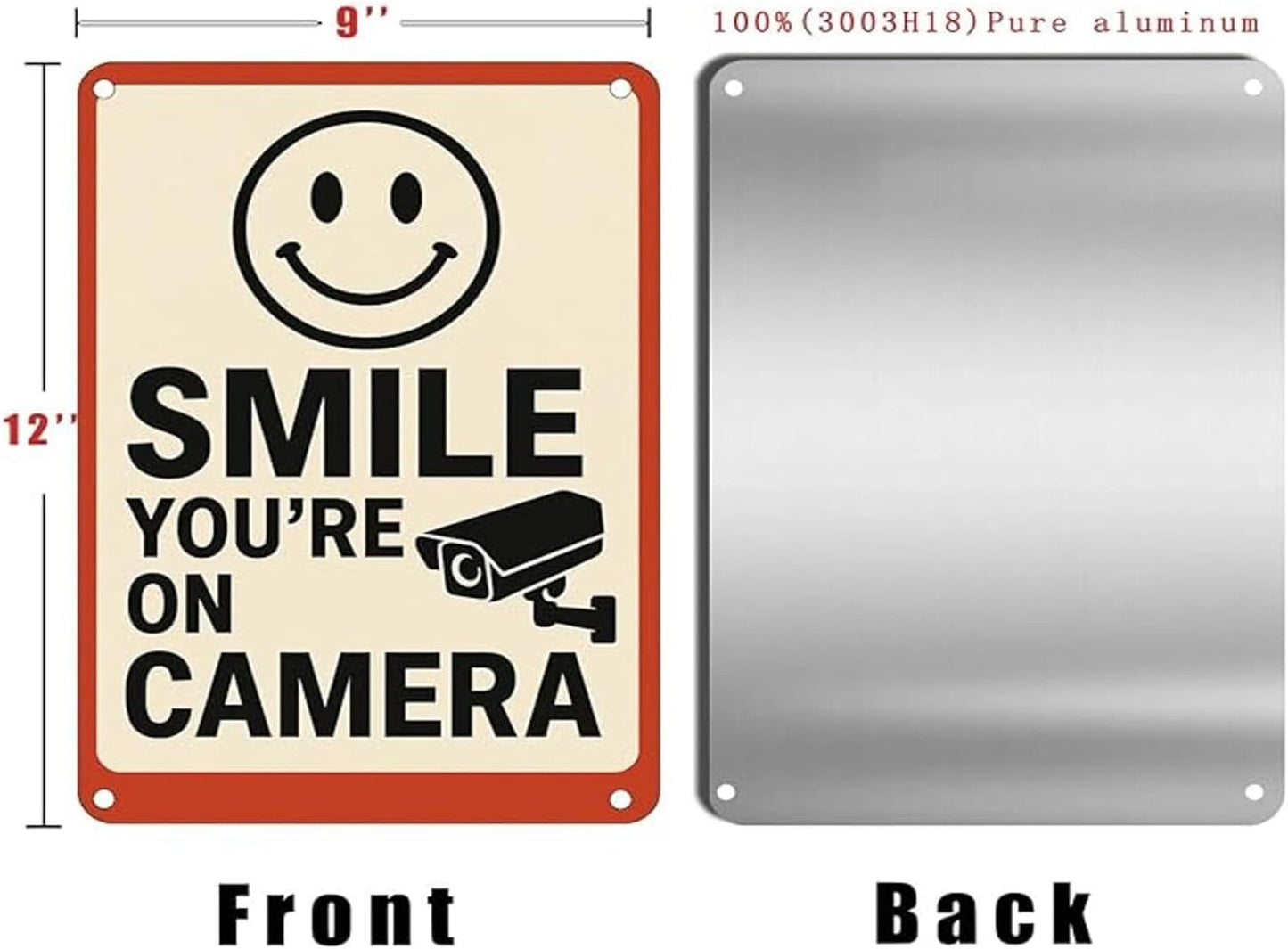 Smile You're On Camera Sign - 9x12 Inch Aluminum Surveillance Warning UV Printed Waterproof Outdoor Yard Fence Gate Funny Smile Your On Candid Camera Sign for Home Businesswith Free Accessories