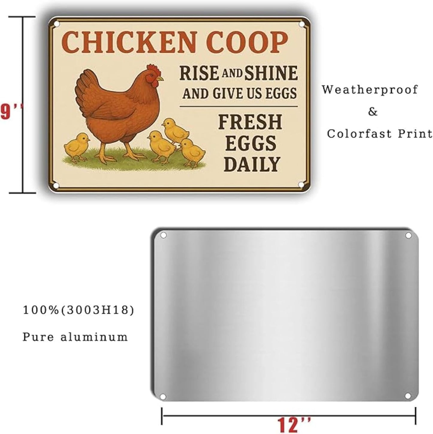 Chicken Coop Sign – Funny “Rise and Shine Give Us Eggs” Metal Plaque, Easy to Clean Aluminum Yard Sign for Fresh Eggs Daily, Rustproof, Windproof & Sturdy with Screws & Jute Rope