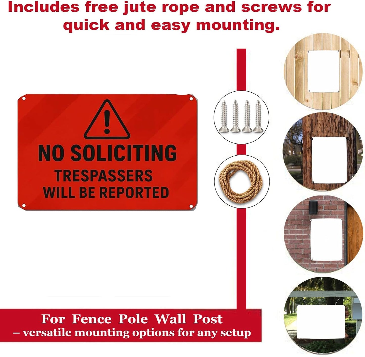 No Soliciting Sign for Front Door,Large Trespassers Will Be Reported Warning Rust-Free Aluminum Red Metal Signs UV Printed Waterproof Outdoor Yard Wall Fence Gate Door Sign with Free Screws & Rope