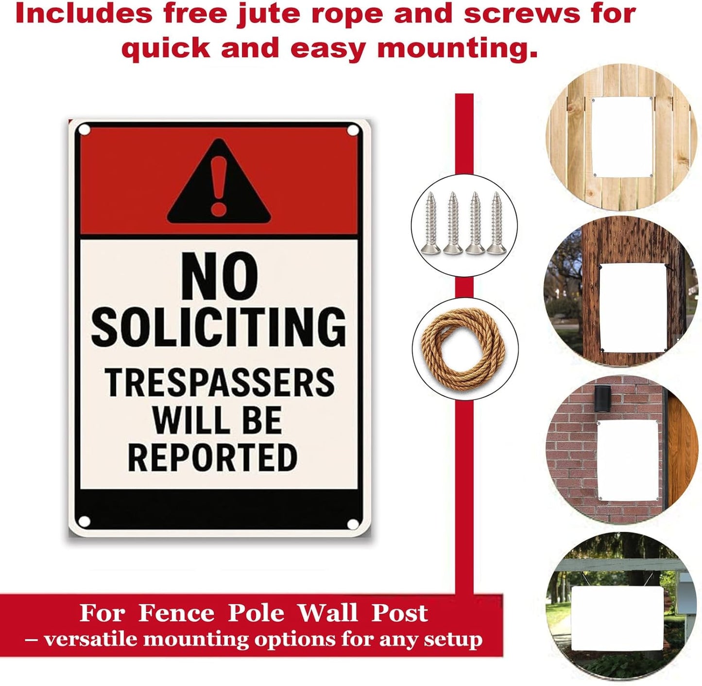 No Soliciting Sign for House Front Door Yard – 9x12 Inch Rust-Free Aluminum Metal Sign UV Printed Waterproof Outdoor Private Property Notice for Fence Gate Wall or Porch – Includes Free Screws & Rope