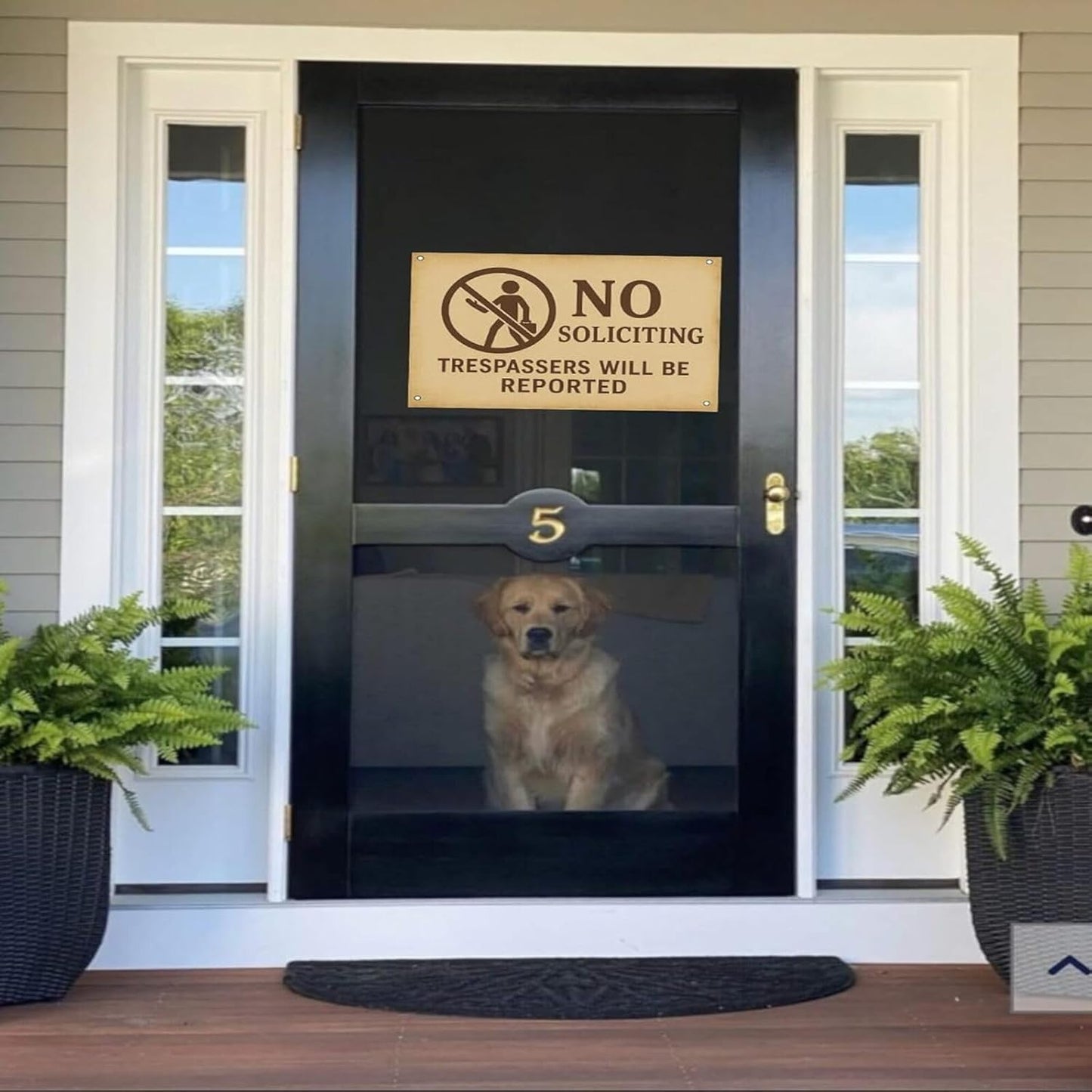 No Soliciting Sign for House - Trespassers Will Be Reported Warning Rust-Free Aluminum Metal Sign UV Printed Waterproof Outdoor No Soliciting Yard Sign for Front Door Fence Gate & Wall with Free Screws & Rope