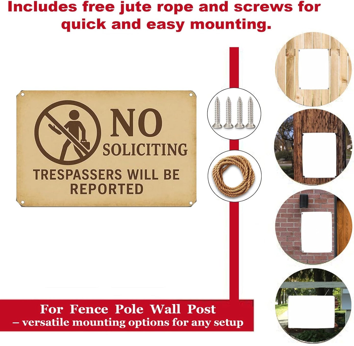 No Soliciting Sign for House - Trespassers Will Be Reported Warning Rust-Free Aluminum Metal Sign UV Printed Waterproof Outdoor No Soliciting Yard Sign for Front Door Fence Gate & Wall with Free Screws & Rope