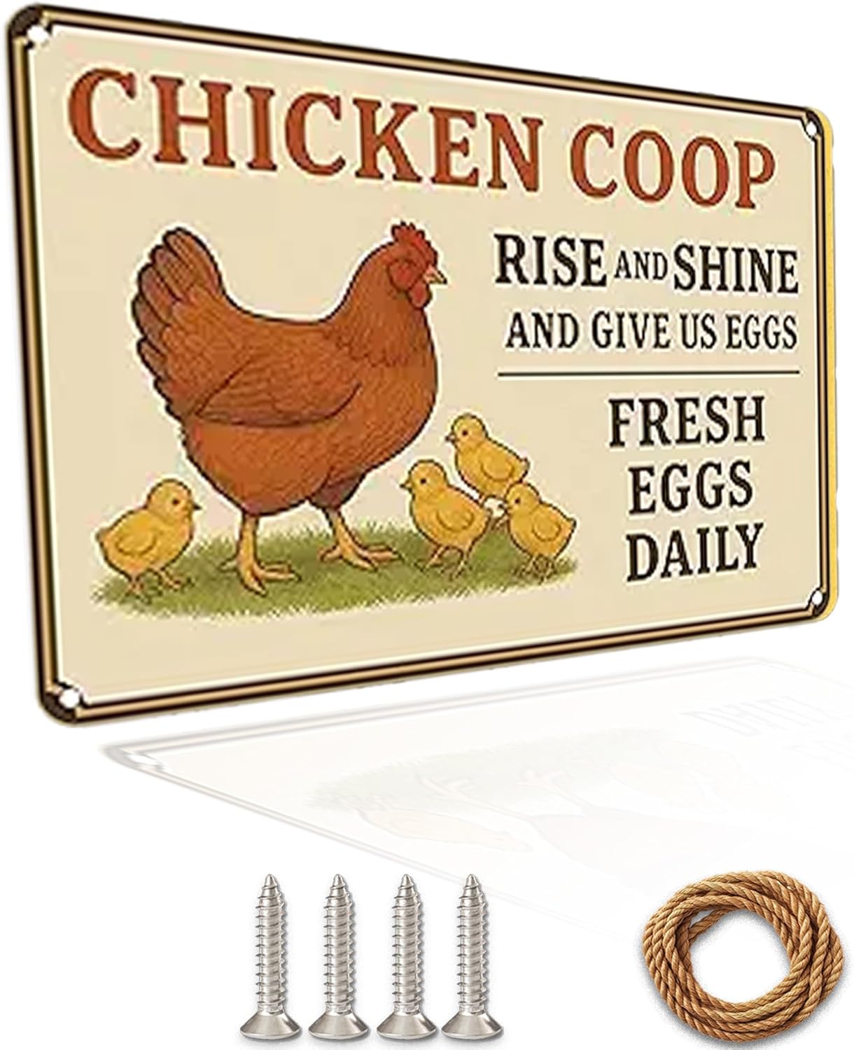 Chicken Coop Sign – Funny “Rise and Shine Give Us Eggs” Metal Plaque, Easy to Clean Aluminum Yard Sign for Fresh Eggs Daily, Rustproof, Windproof & Sturdy with Screws & Jute Rope