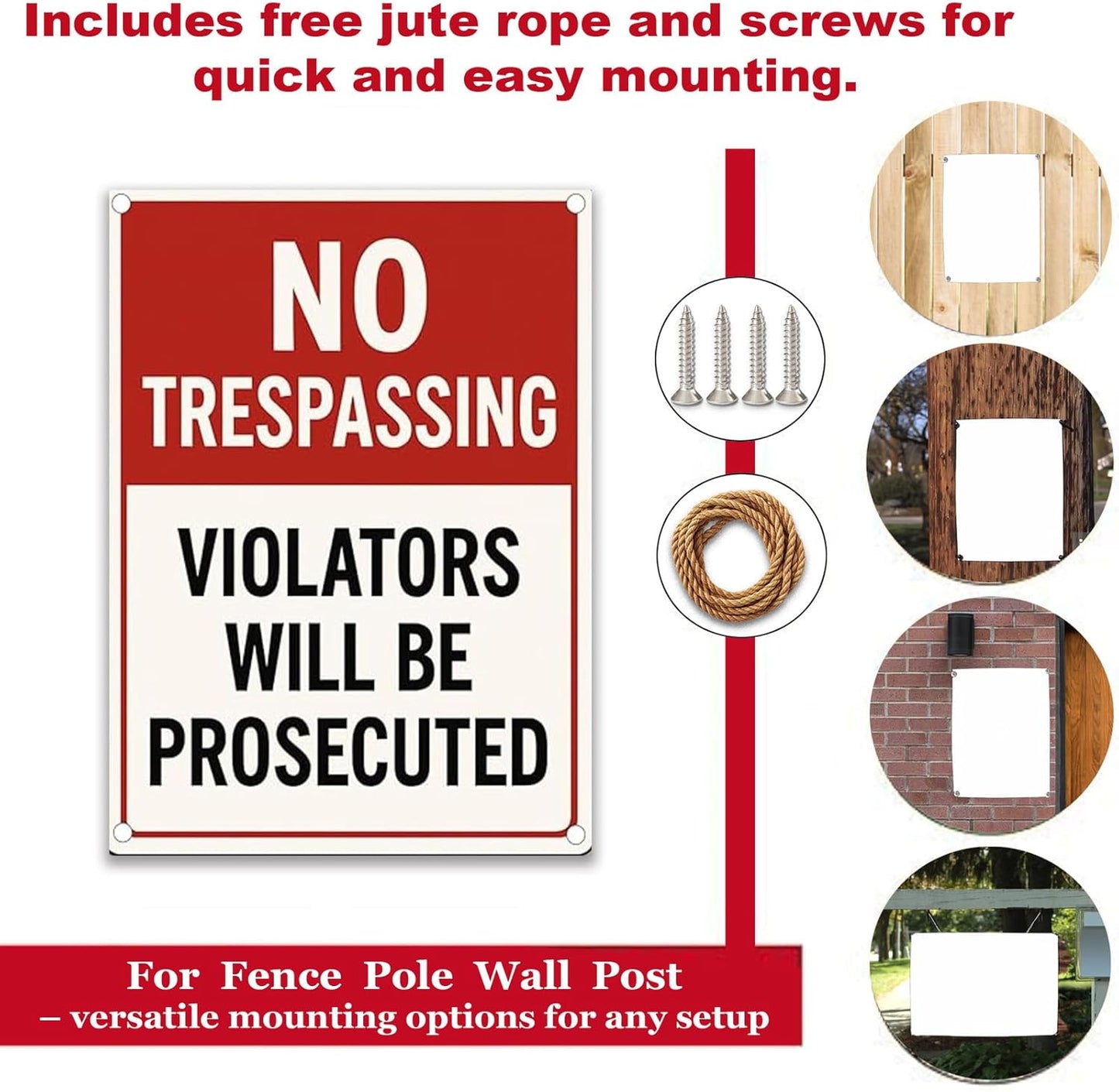 No Trespassing Sign 9x12 Inch – Large Private Property Aluminum Sign Outdoor Waterproof Rust-Free Metal Warning Sign with Free Mounting Accessories(Screws & Jute Rope)
