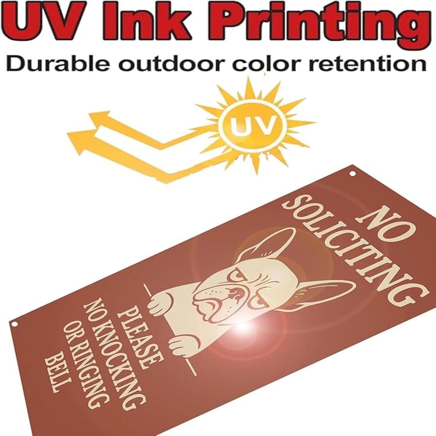 No Soliciting Sign for House - 9x12 Inch French Bulldog Cartoon Design Aluminum UV Printed Waterproof Outdoor Yard Fence Gate Front Door Sign with Free Screws & Rope Pet Style Property Privacy Notice