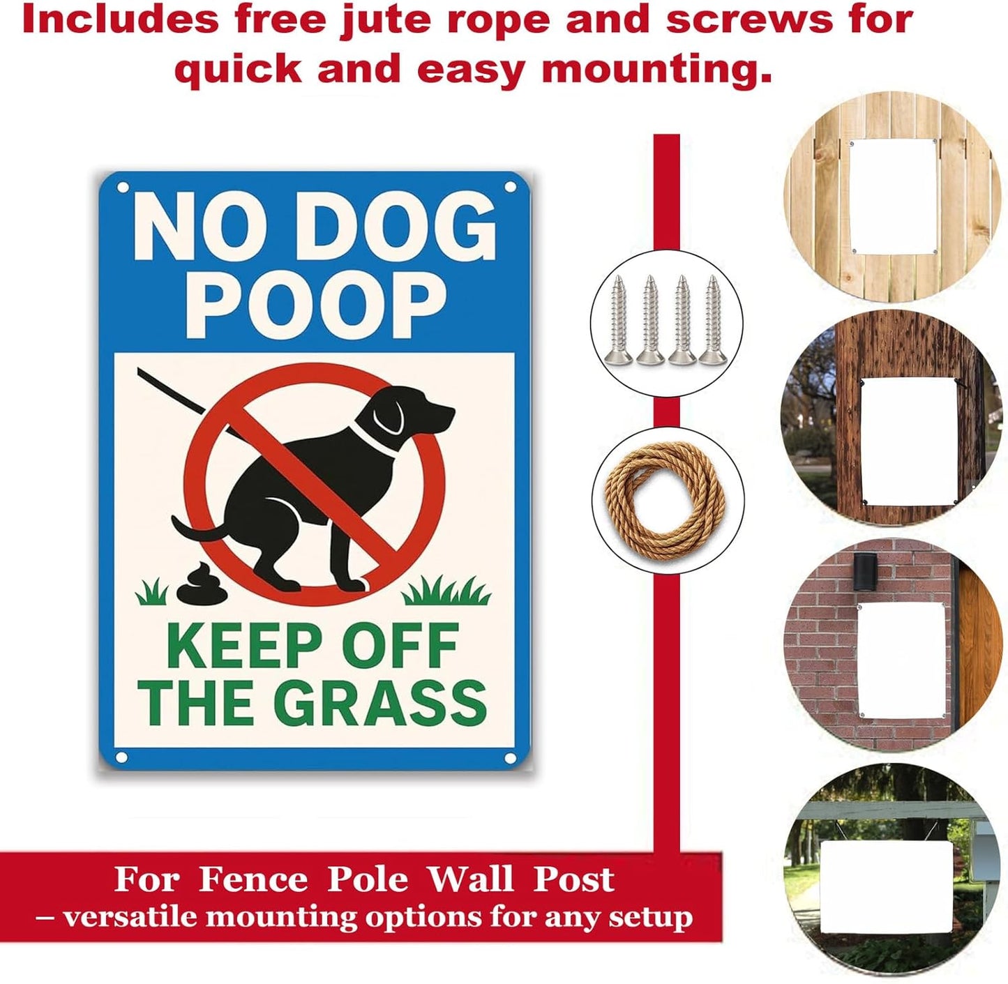 No Dog Poop Signs for Yard - Rust-Free Aluminum Keep Off Grass Sign UV Printed Waterproof Outdoor Lawn Fence Decor with Free Screws & Rope | Dog Poop Signs for Lawn