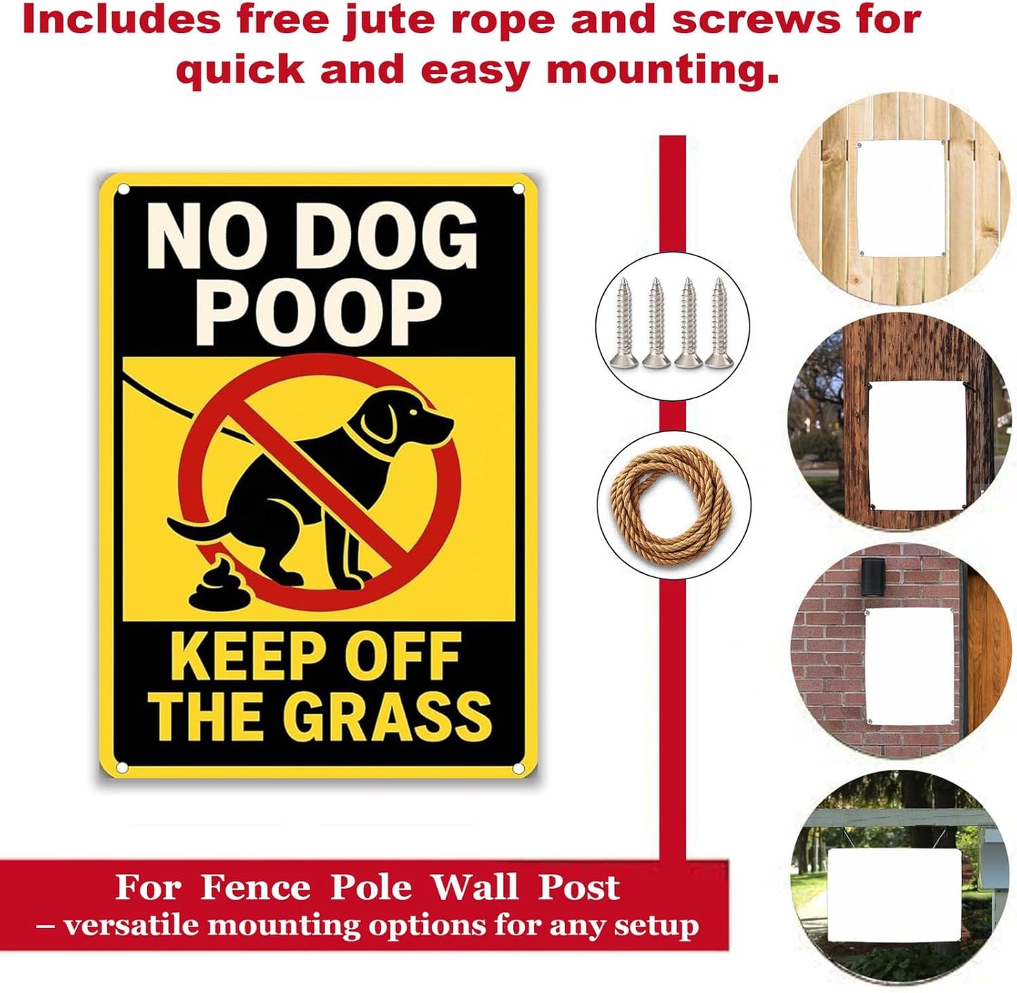 No Dog Poop Signs for Yard - Rust-Free Aluminum Keep Off Grass Lawn Sign UV Printed Waterproof Outdoor Fence Gate Garden Decor with Free Screws & Rope Perfect Pick Up After Your Dog Sign