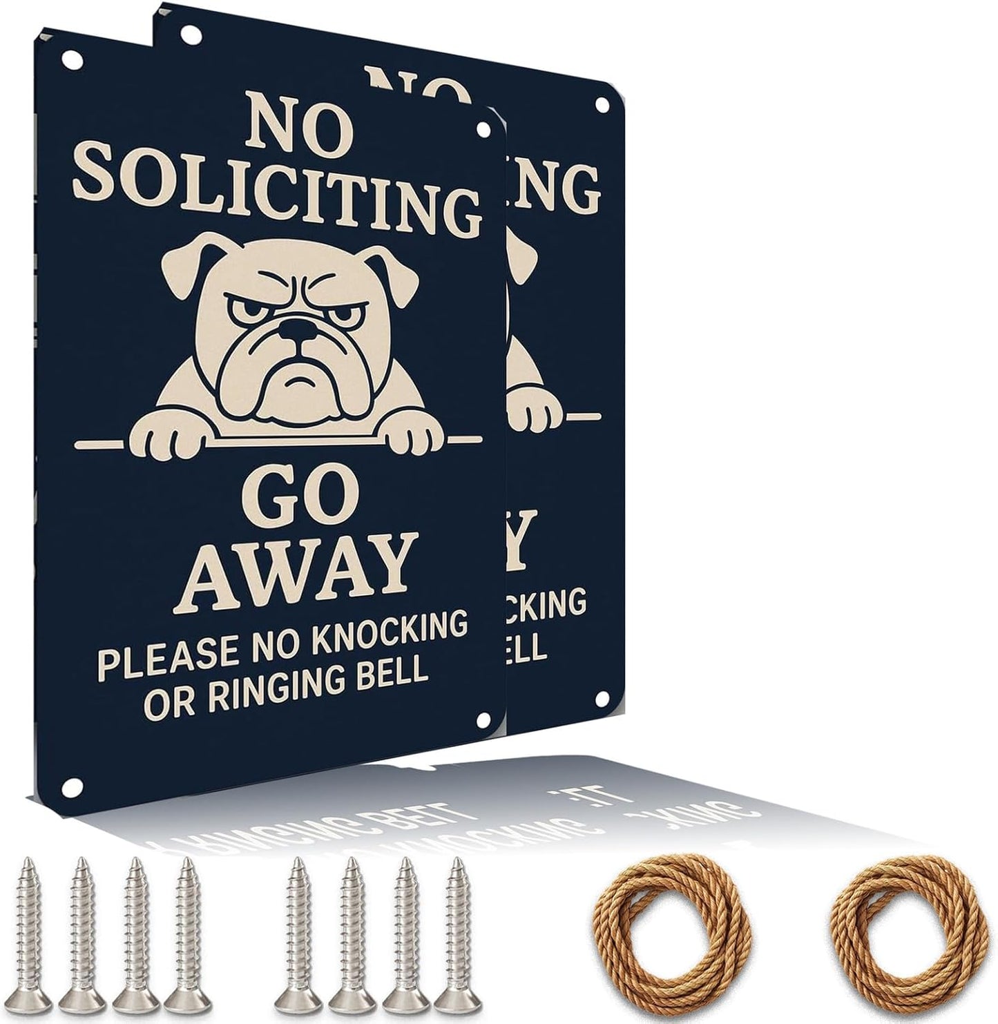 Beware of Dog Sign – No Soliciting Go Away Bulldog Warning, Rust-Free Aluminum Metal Sign, UV Printed Waterproof Outdoor Yard Fence Gate Door Decor with Free Screws & Rope