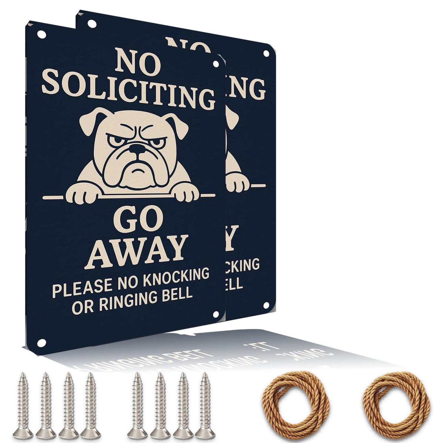 No Soliciting Sign for House Funny, 12 x 9 Inches Rust-Proof Aluminum No Soliciting Sign for Front Door, Humorous Do Not Ring Doorbell Signs, No Solicitation Signs for Home with Screws & Rope (White)