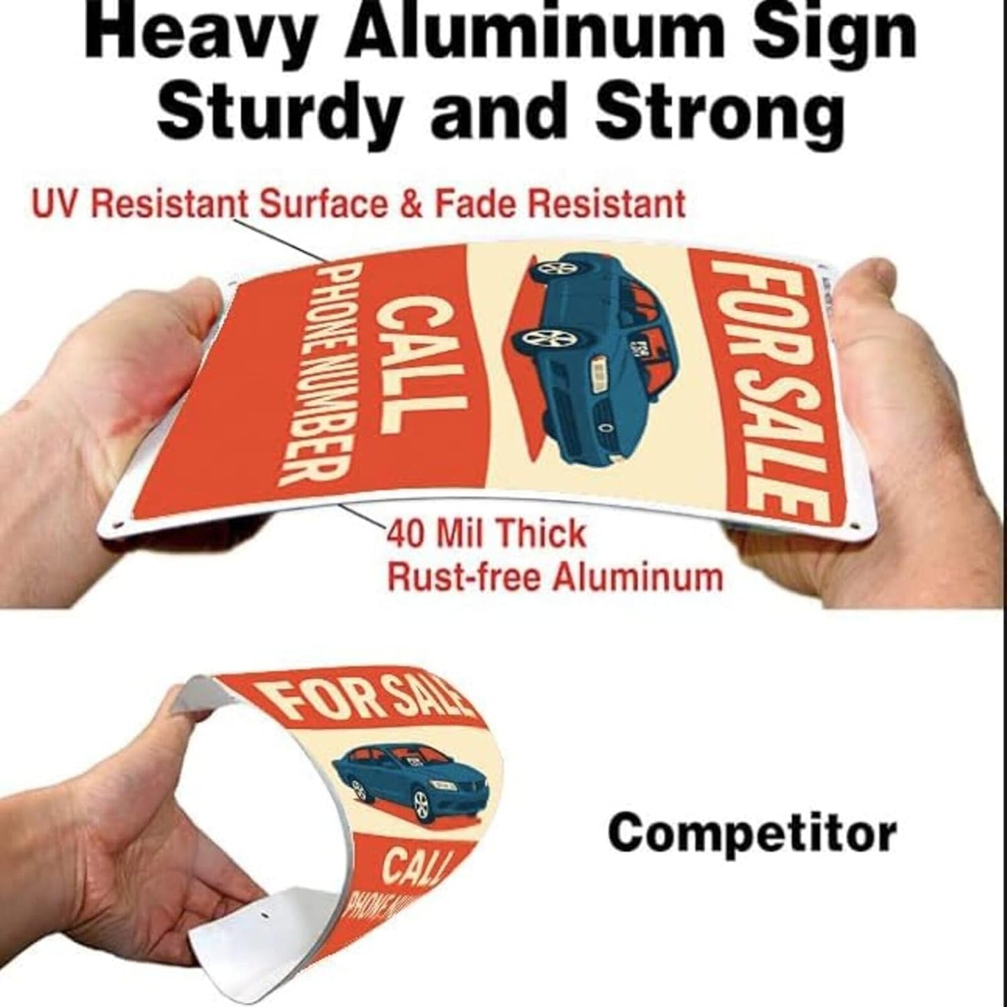 For Sale Sign Car - Rust-Free Aluminum Metal Sign UV Printed Waterproof Outdoor Yard Garage Fence Gate Notice Magnetic Compatible with Vehicle Window + Free Screws & Rope