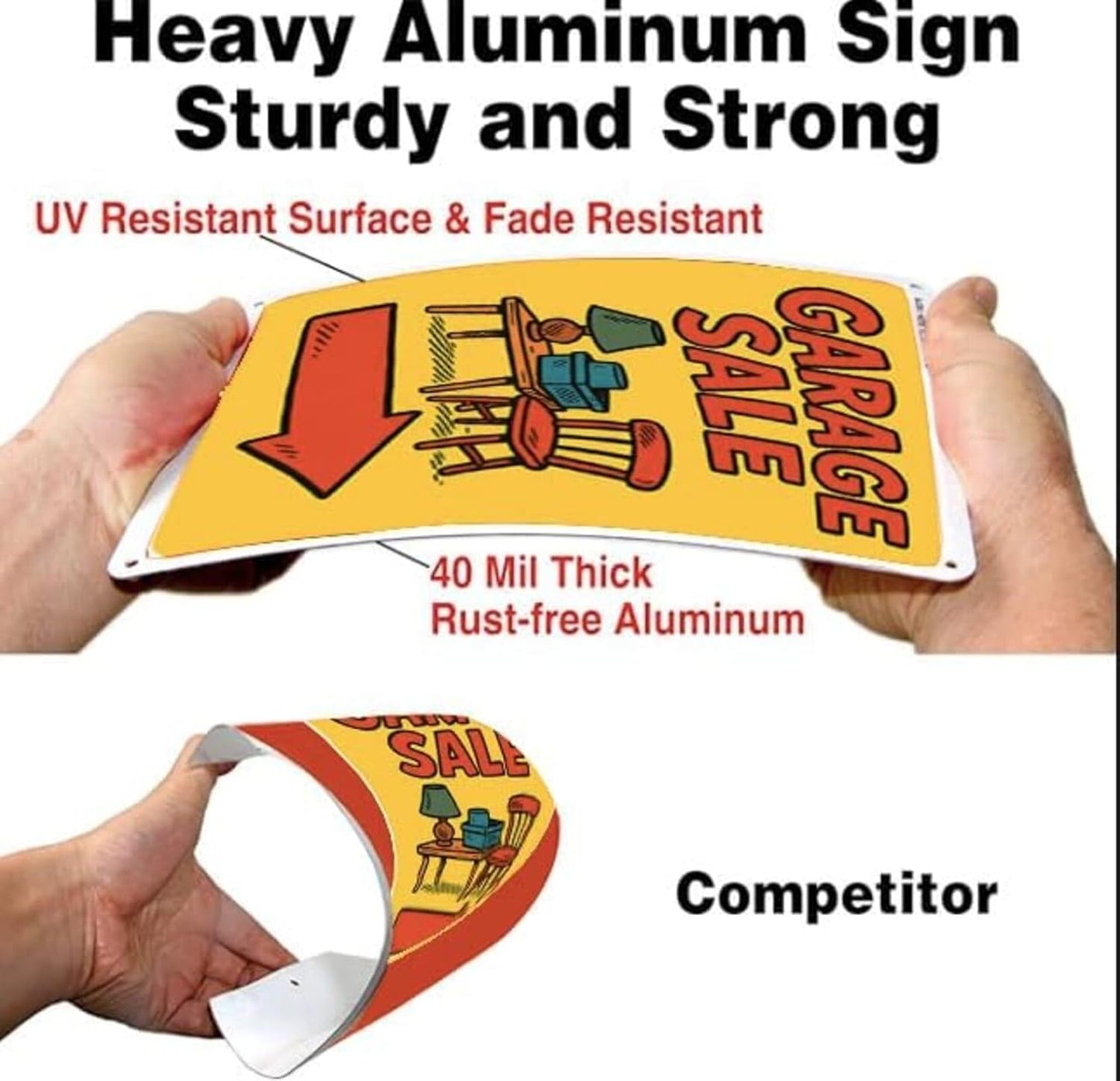 Garage Sale Sign with Arrow – 9x12 Inch Heavy Duty Metal Yard Sign, Rustproof & Weatherproof Aluminum, Easy to Clean, Wind-Resistant, Bold Colorful Design for Outdoor Directional Use, Includes Screws & Rope