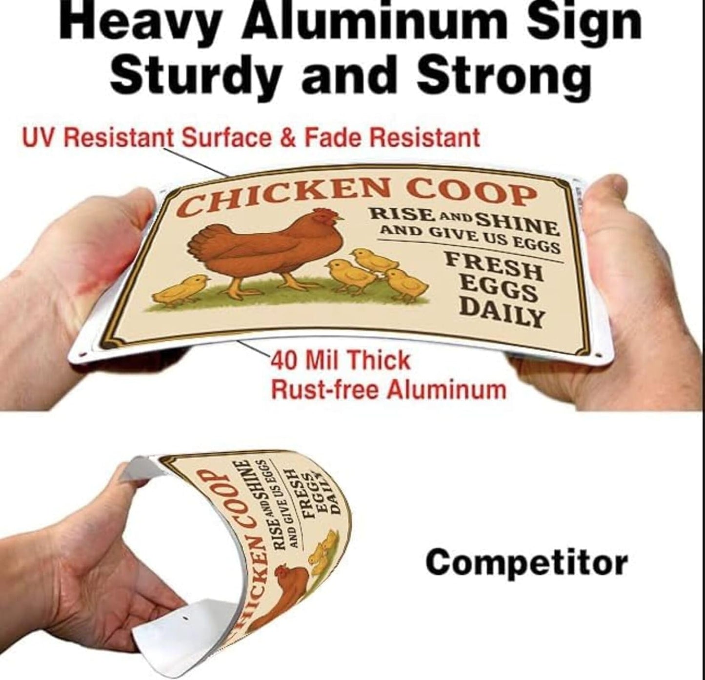 Chicken Coop Sign – Funny “Rise and Shine Give Us Eggs” Metal Plaque, Easy to Clean Aluminum Yard Sign for Fresh Eggs Daily, Rustproof, Windproof & Sturdy with Screws & Jute Rope