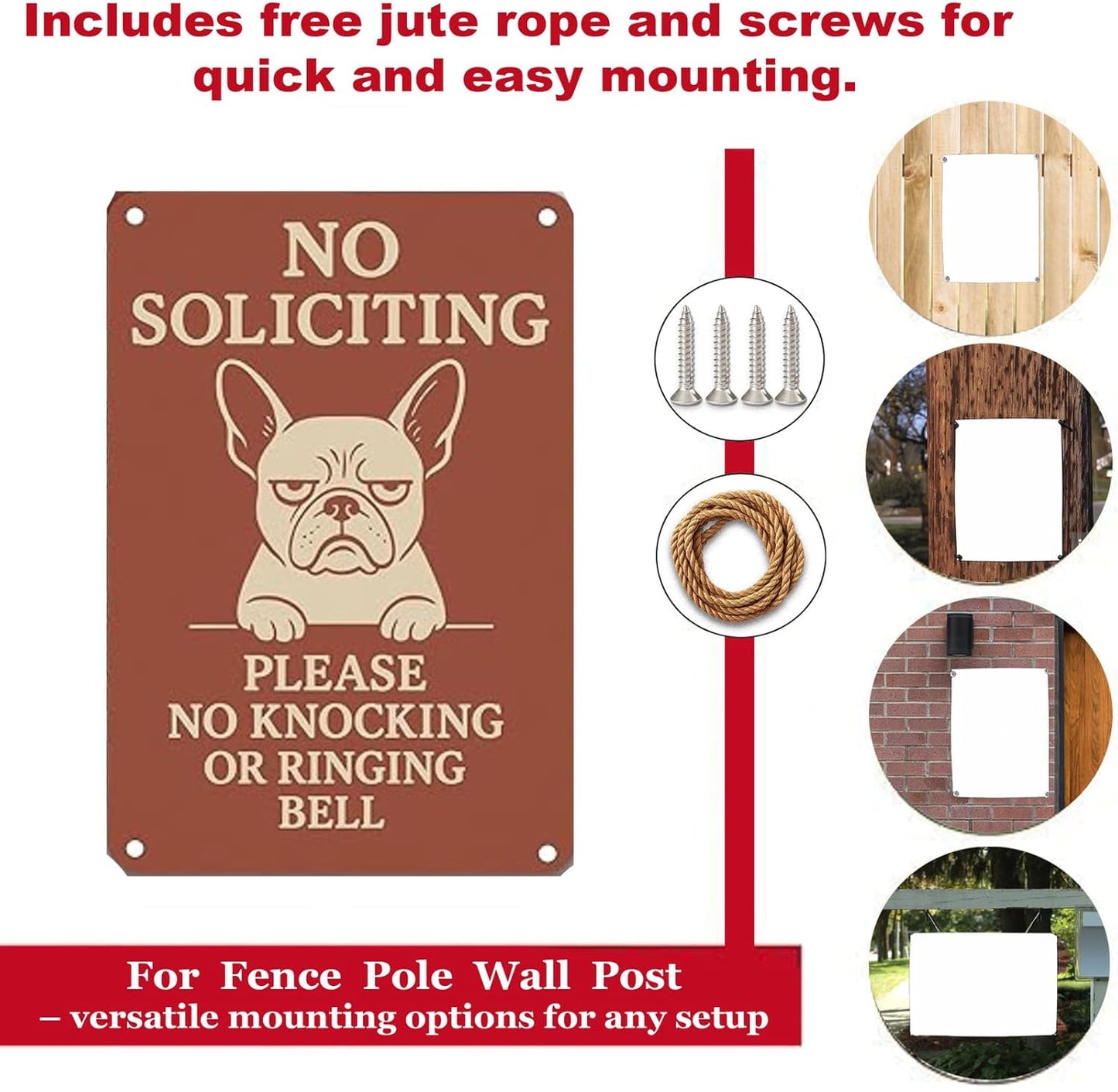 No Soliciting Sign for House - 9x12 Inch French Bulldog Cartoon Design Aluminum UV Printed Waterproof Outdoor Yard Fence Gate Front Door Sign with Free Screws & Rope Pet Style Property Privacy Notice