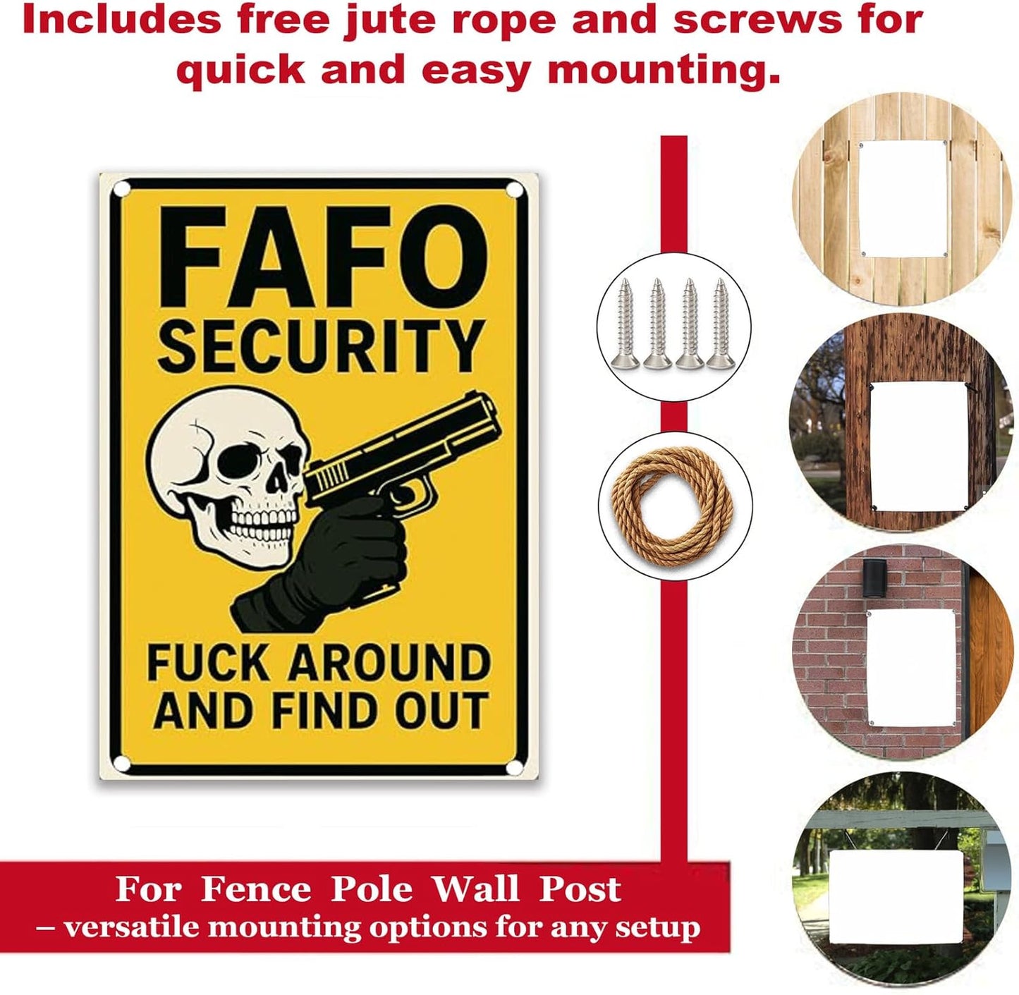 FAFO Security Sign - Fuck Around and Find Out Skull Gun Sign Rust-Free Aluminum Warning Sign UV Printed Waterproof Outdoor Sign for Wall Fence Gate & Yard with Free Screws and Rope