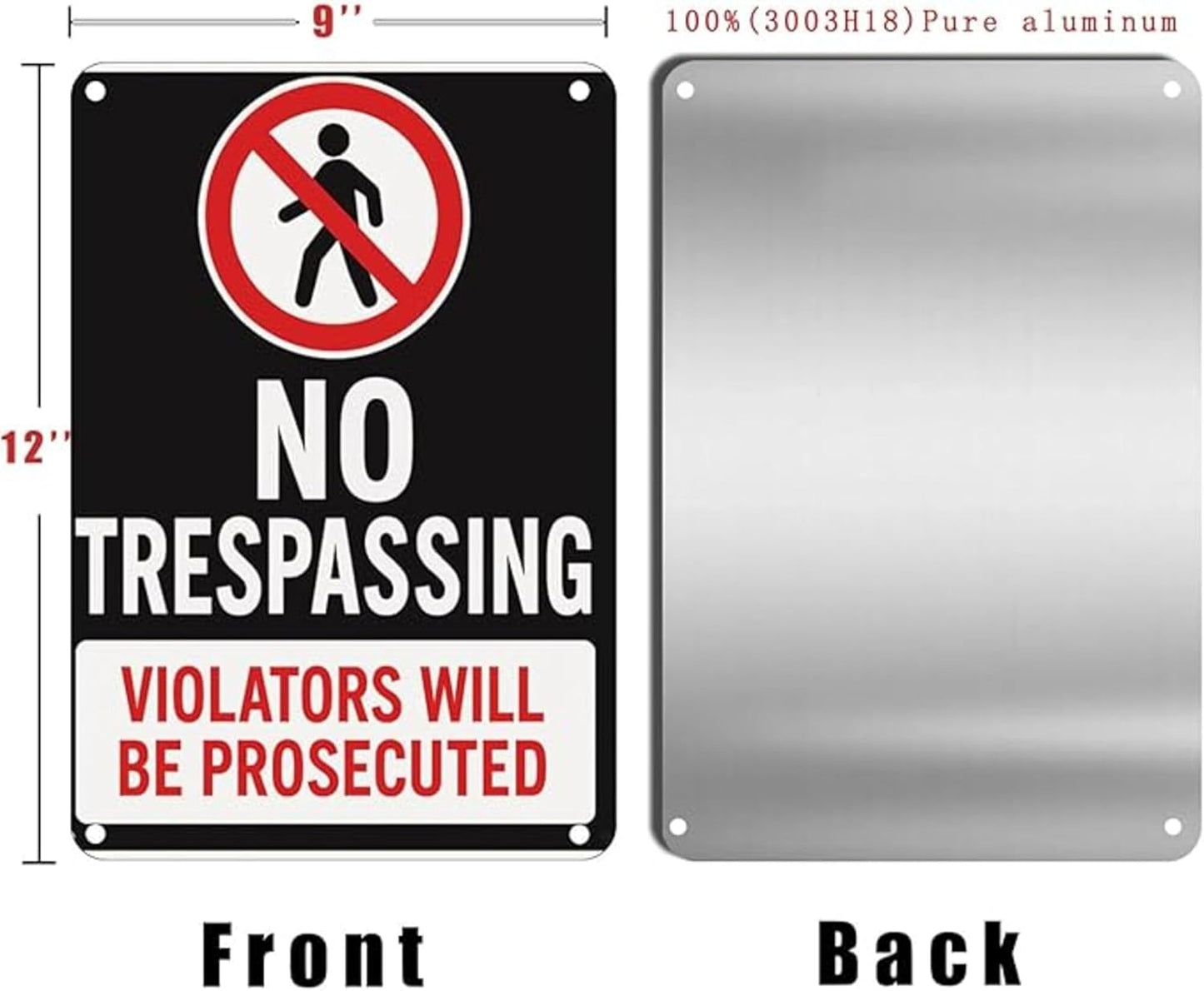 No Trespassing Signs for Private Property 9x12 Inch Rust-Free Aluminum Metal, UV Printed Waterproof Outdoor Weather Resistant Warning Sign for Yard Fence Gate with Free Accessories