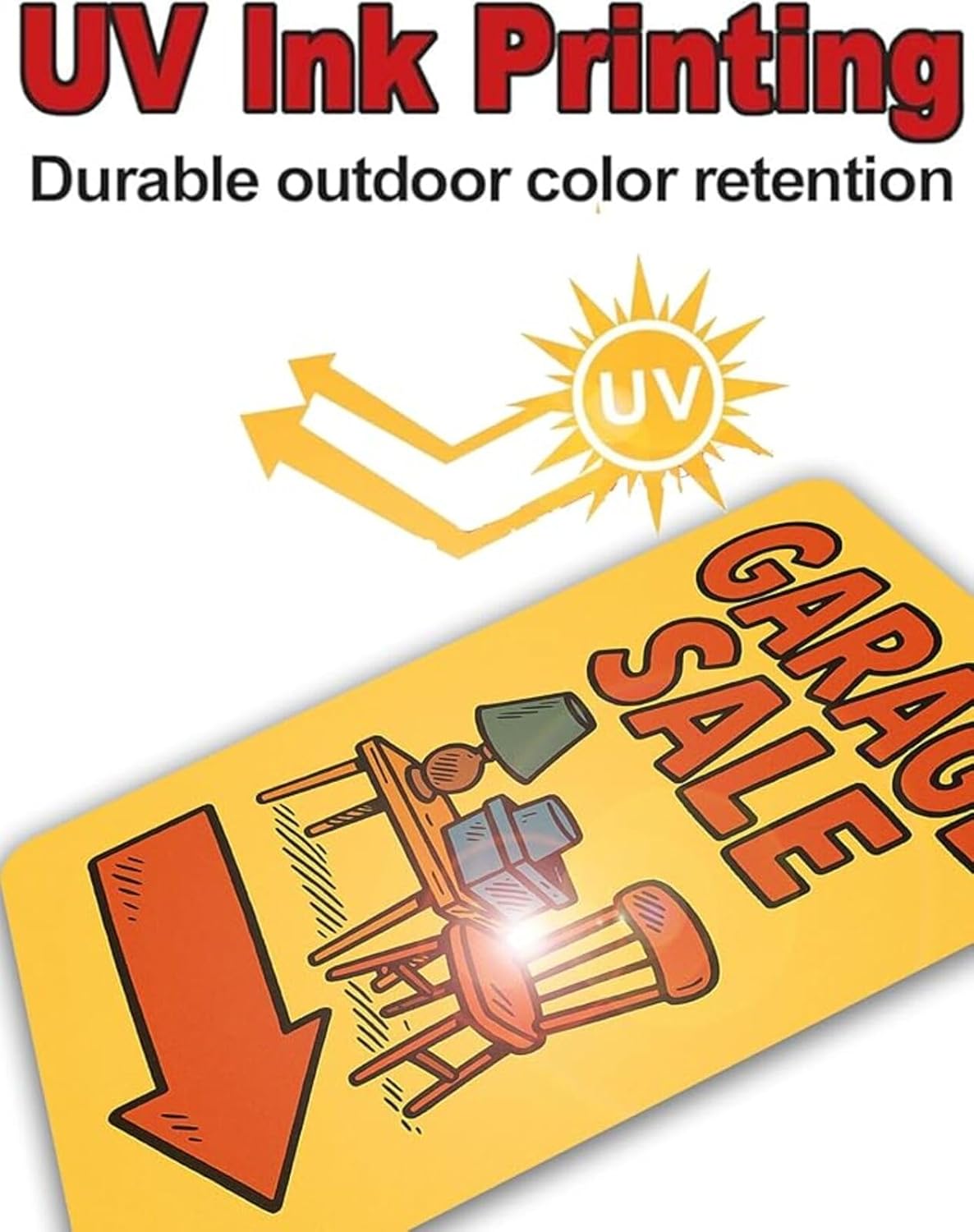 Garage Sale Sign with Arrow – 9x12 Inch Heavy Duty Metal Yard Sign, Rustproof & Weatherproof Aluminum, Easy to Clean, Wind-Resistant, Bold Colorful Design for Outdoor Directional Use, Includes Screws & Rope