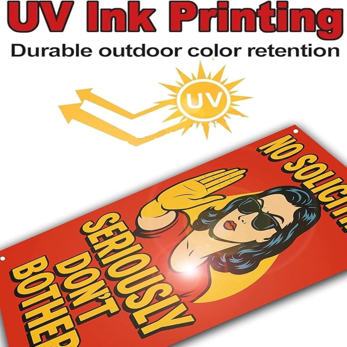 No Soliciting Sign for House - Large Funny Retro Style Rust-Free Aluminum UV Printed Waterproof Outdoor Yard Fence Gate Door Sign with Free Screws & Rope Front Door Privacy Warning for Home & Office