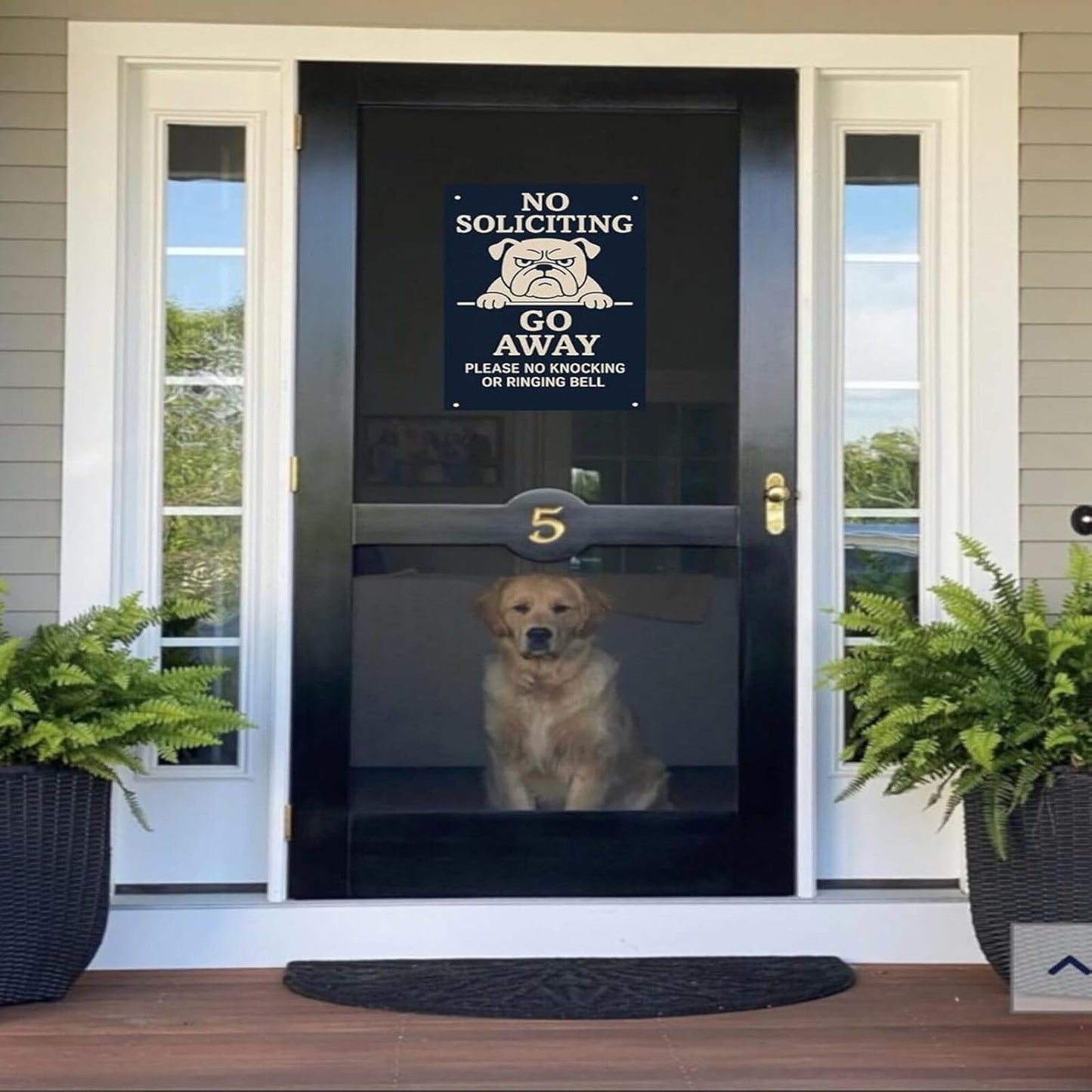 Beware of Dog Sign – No Soliciting Go Away Bulldog Warning, Rust-Free Aluminum Metal Sign, UV Printed Waterproof Outdoor Yard Fence Gate Door Decor with Free Screws & Rope