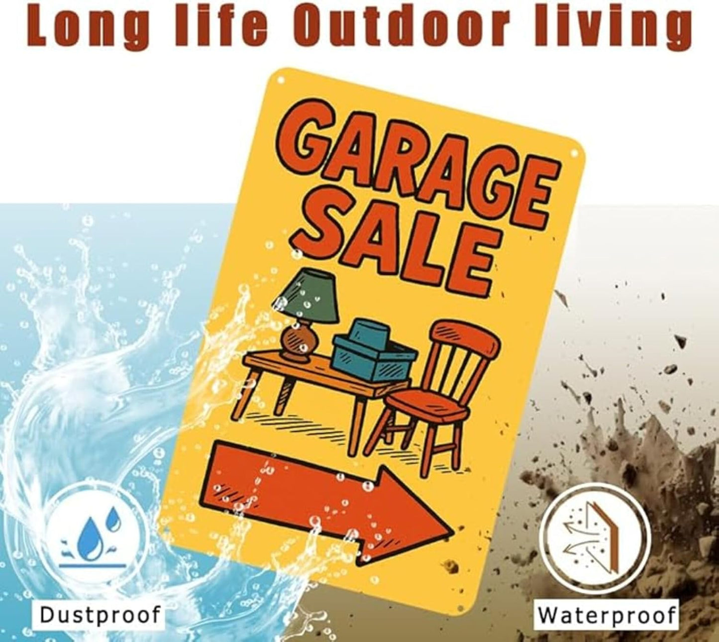 Garage Sale Sign with Arrow – 9x12 Inch Heavy Duty Metal Yard Sign, Rustproof & Weatherproof Aluminum, Easy to Clean, Wind-Resistant, Bold Colorful Design for Outdoor Directional Use, Includes Screws & Rope