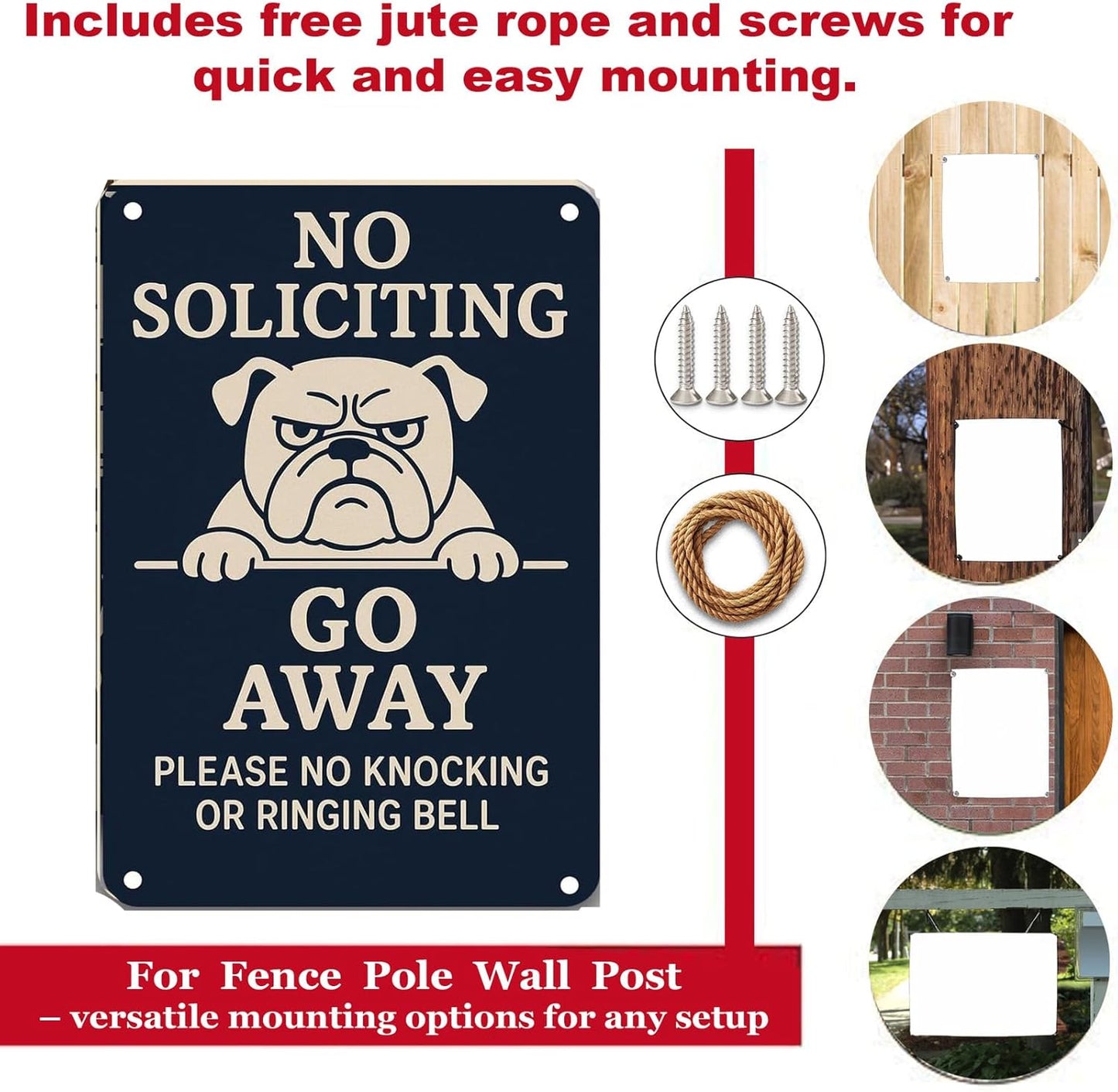 Beware of Dog Sign – No Soliciting Go Away Bulldog Warning, Rust-Free Aluminum Metal Sign, UV Printed Waterproof Outdoor Yard Fence Gate Door Decor with Free Screws & Rope