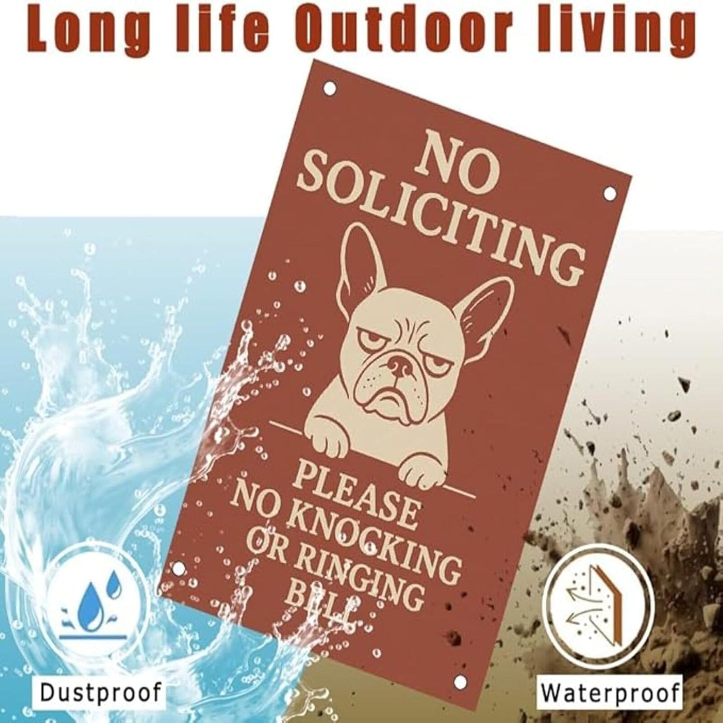 No Soliciting Sign for House - 9x12 Inch French Bulldog Cartoon Design Aluminum UV Printed Waterproof Outdoor Yard Fence Gate Front Door Sign with Free Screws & Rope Pet Style Property Privacy Notice