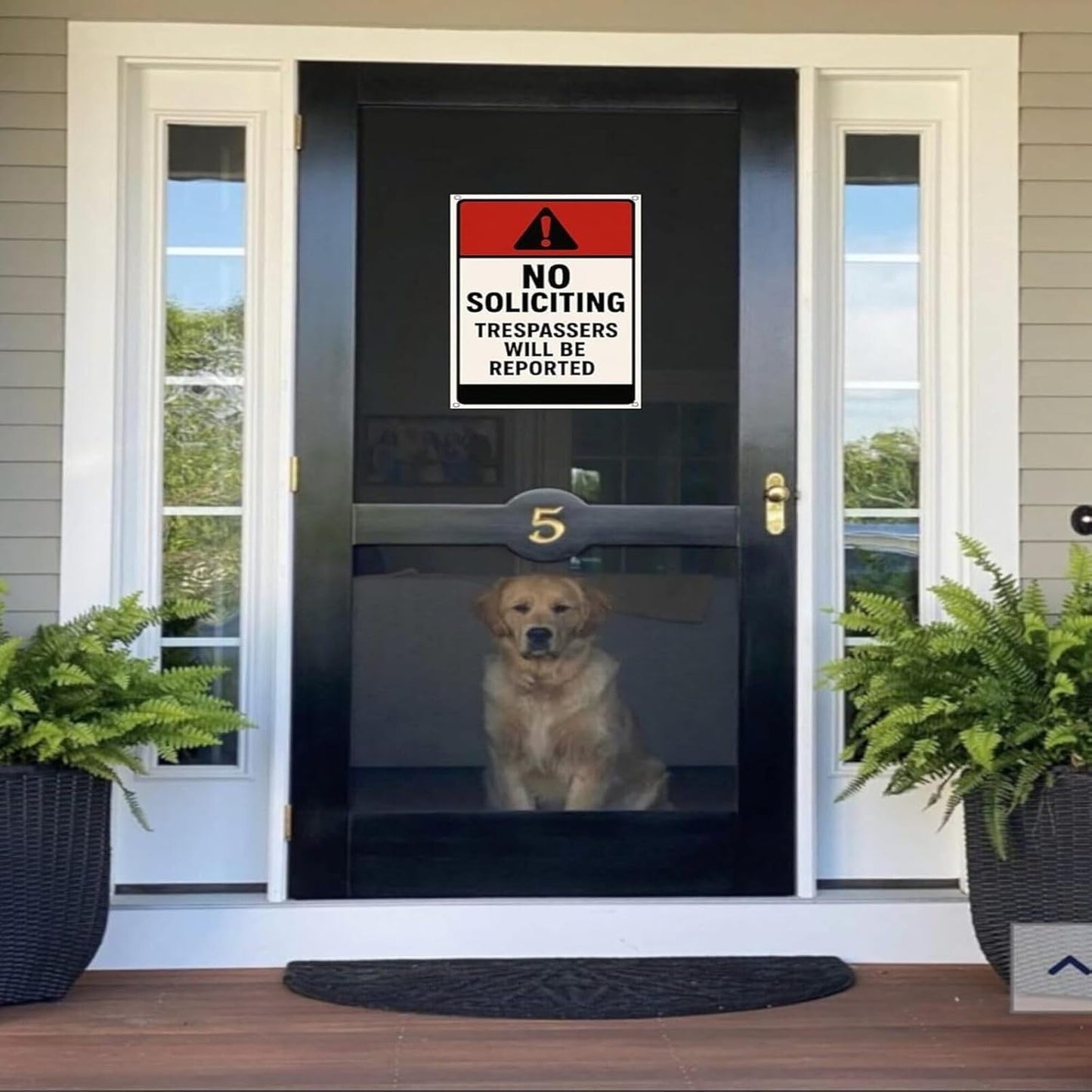 No Soliciting Sign for House Front Door Yard – 9x12 Inch Rust-Free Aluminum Metal Sign UV Printed Waterproof Outdoor Private Property Notice for Fence Gate Wall or Porch – Includes Free Screws & Rope