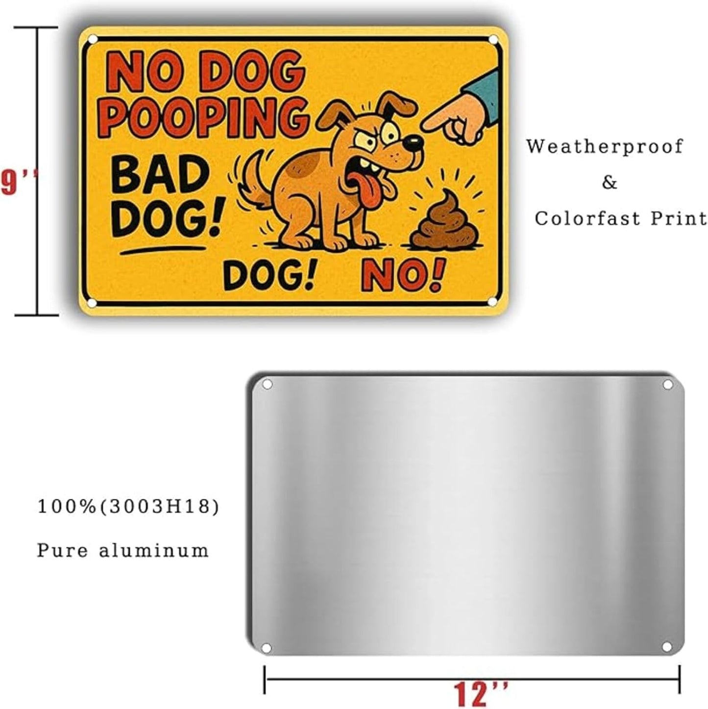 No Dog Pooping Sign – 9x12 Inch Funny Cartoon Metal Yard Sign with Bad Dog Graphic, Rustproof Aluminum, Weatherproof & Windproof, Easy to Clean, Durable Outdoor Warning Sign for Lawn or Fence, Includes Screws & Rope