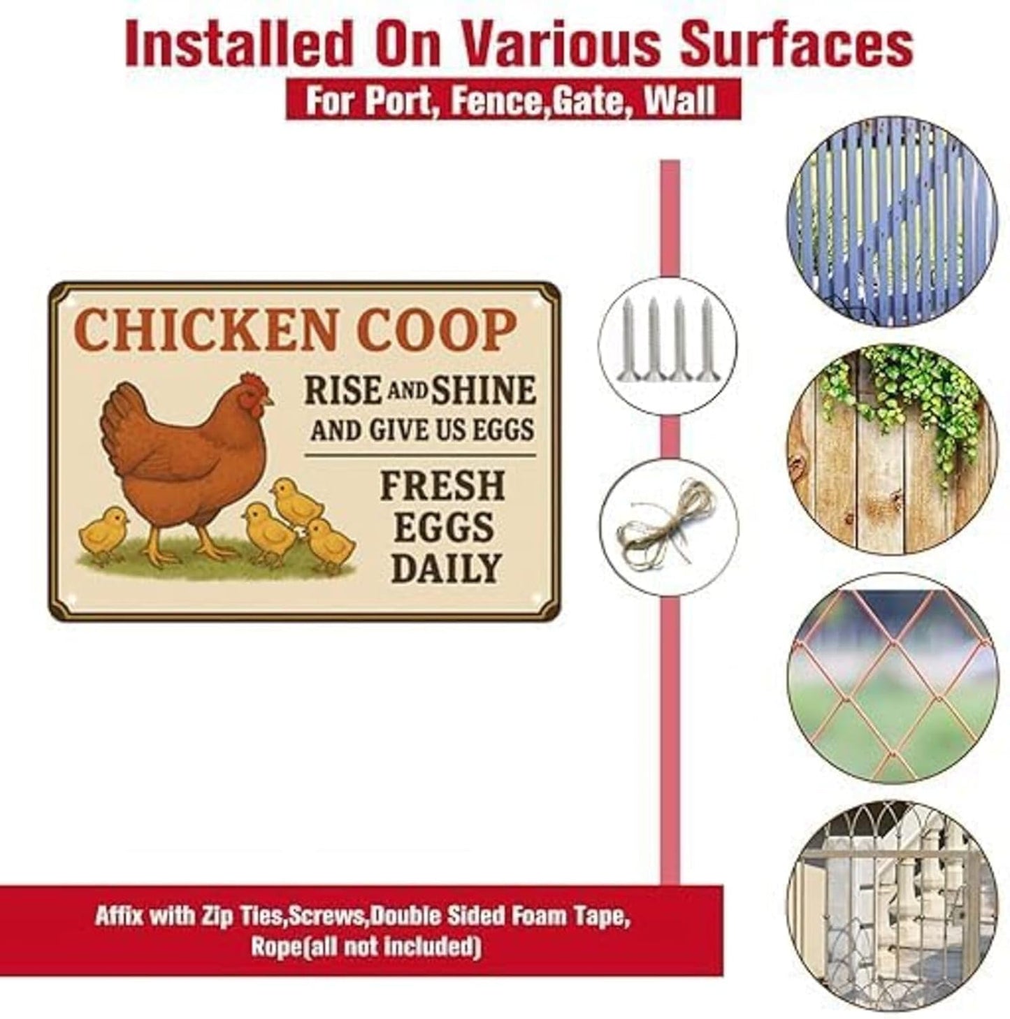 Chicken Coop Sign – Funny “Rise and Shine Give Us Eggs” Metal Plaque, Easy to Clean Aluminum Yard Sign for Fresh Eggs Daily, Rustproof, Windproof & Sturdy with Screws & Jute Rope