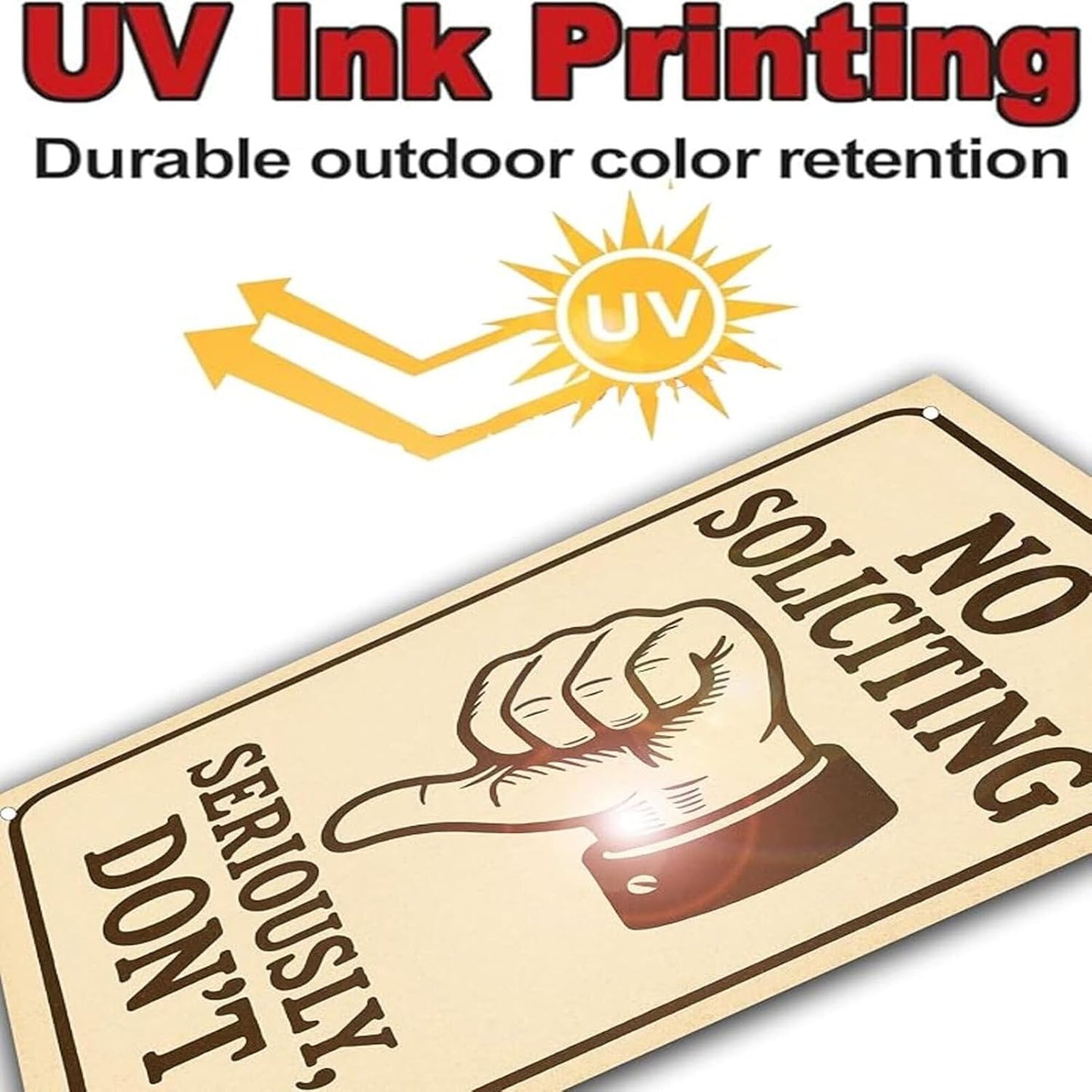 No Soliciting Sign for House Front Door – 9x12 Inch Aluminum Metal Waterproof Outdoor Sign UV Printed Durable Yard Fence Wall Decor Free Screws & Rope Included Privacy Protection Sign