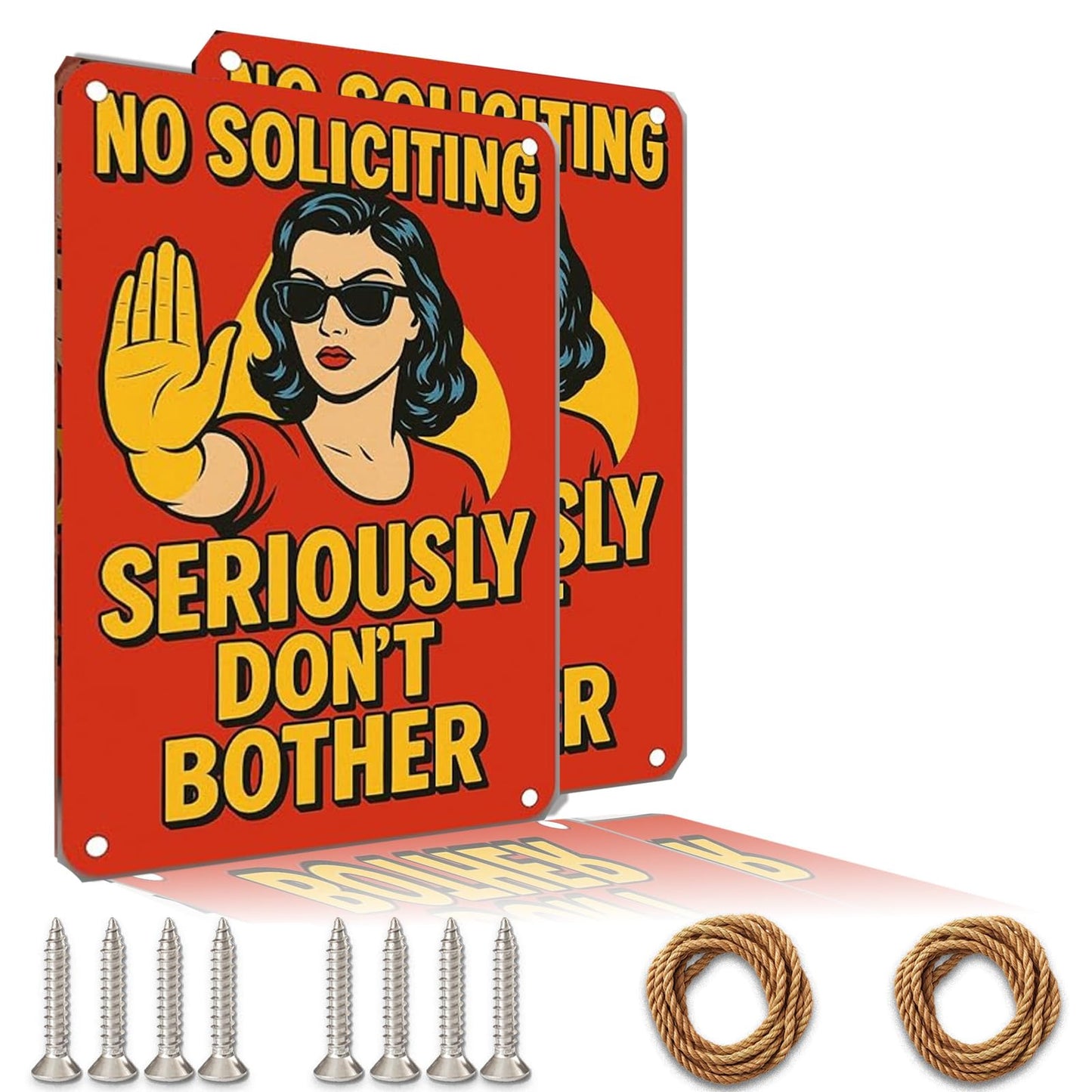 No Soliciting Sign for House Funny, 12 x 9 Inches Rust-Proof Aluminum No Soliciting Sign for Front Door, Humorous Do Not Ring Doorbell Signs, No Solicitation Signs for Home with Screws & Rope (Yellow)