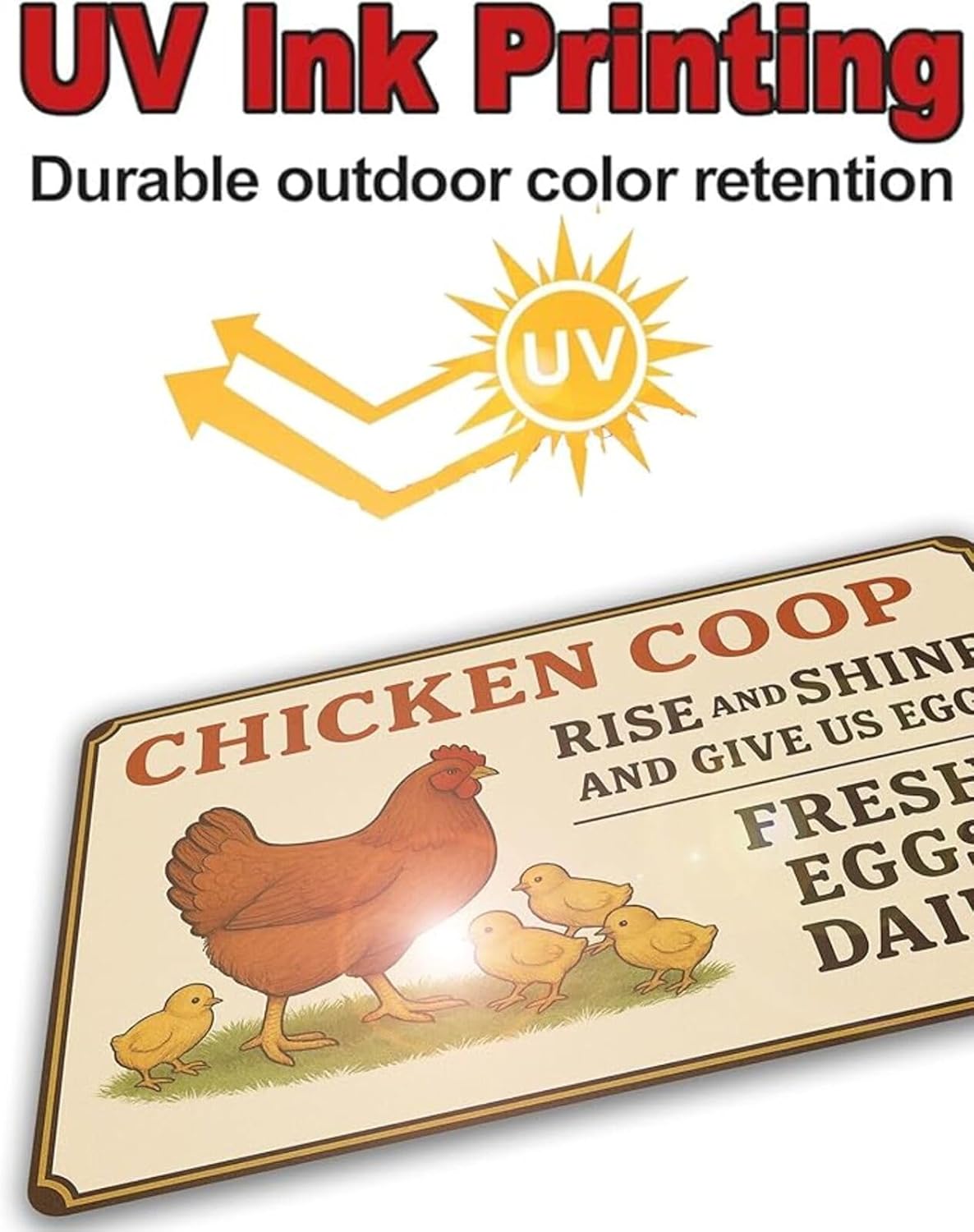 Chicken Coop Sign – Funny “Rise and Shine Give Us Eggs” Metal Plaque, Easy to Clean Aluminum Yard Sign for Fresh Eggs Daily, Rustproof, Windproof & Sturdy with Screws & Jute Rope