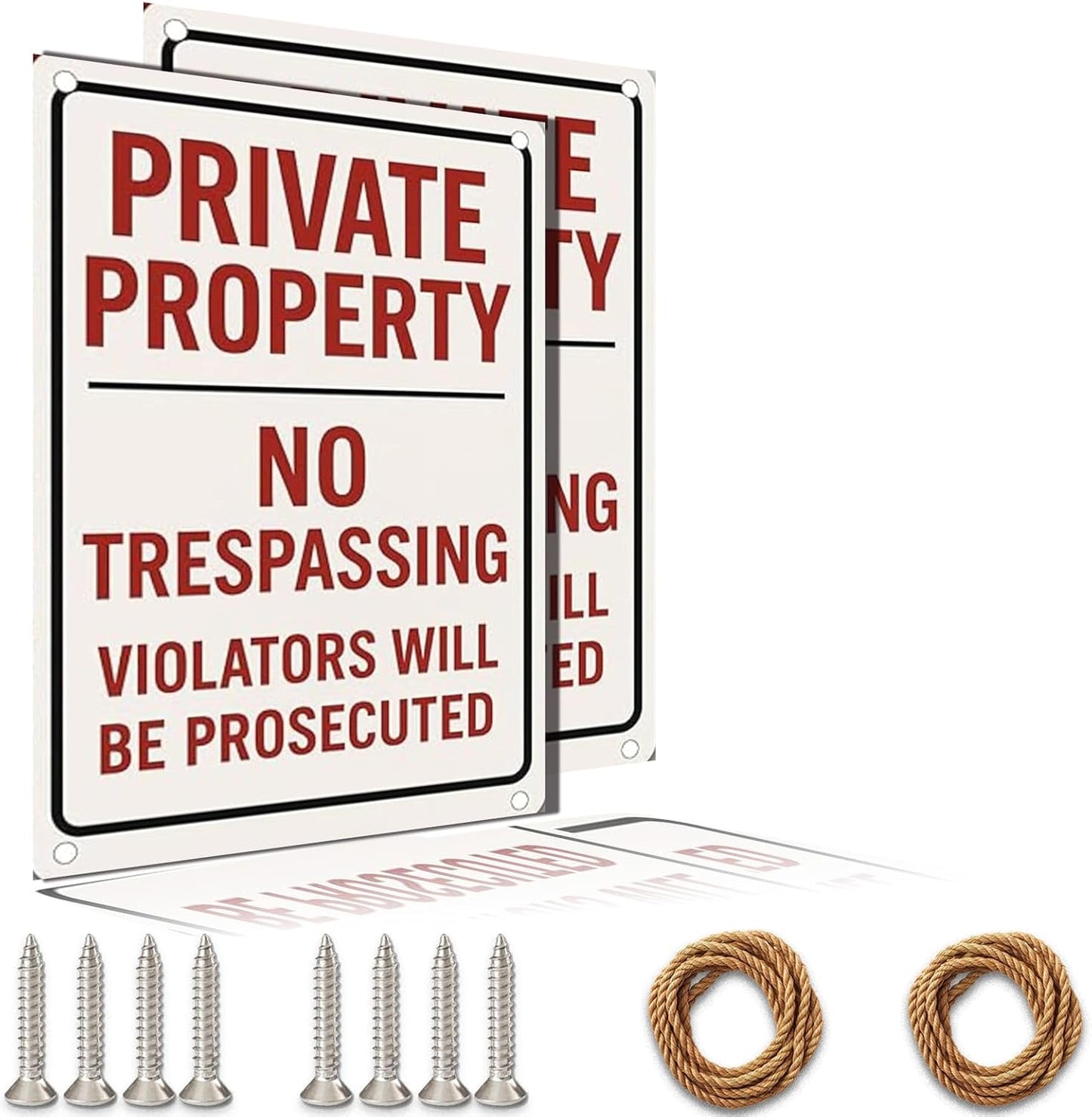 Private Property No Trespassing Sign – 9x12 Inch Rustproof Aluminum Warning, Weatherproof, Easy to Mount, Violators Will Be Prosecuted (2-Pack), Includes Screws & Rope