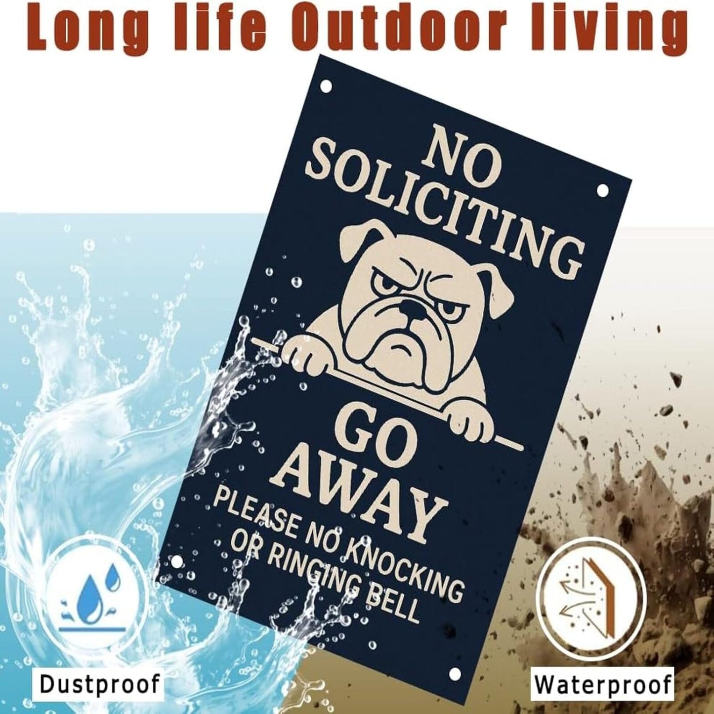 Beware of Dog Sign – No Soliciting Go Away Bulldog Warning, Rust-Free Aluminum Metal Sign, UV Printed Waterproof Outdoor Yard Fence Gate Door Decor with Free Screws & Rope