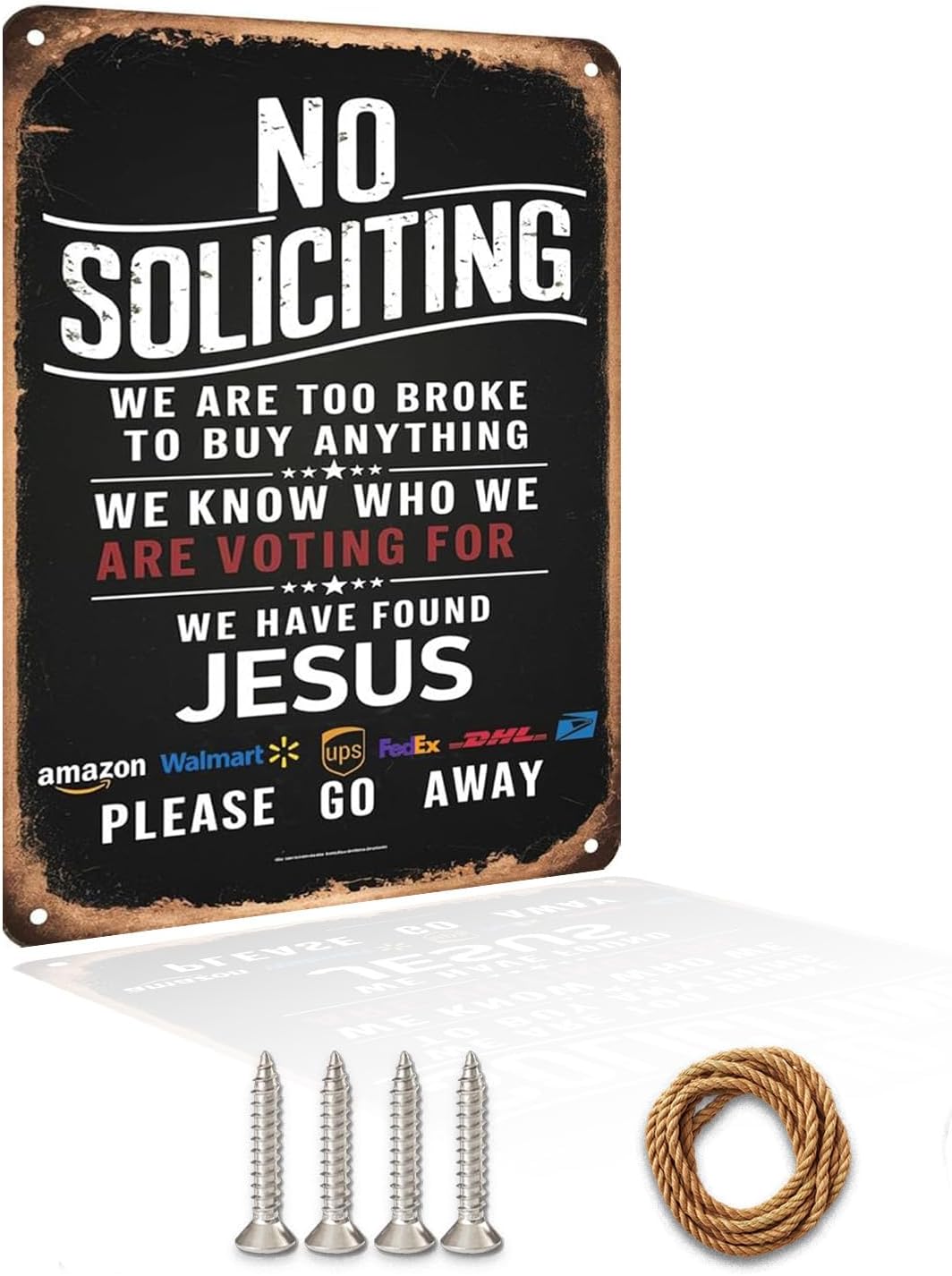 Hilarious No Soliciting Sign! "Jesus Is In, Sales Out" Rust-Resistant Galvanized Iron Door Sign, 8in * 12in, Unique Home Decor (No Soliciting We Are Too Broke, Found Jesus B) (Black)