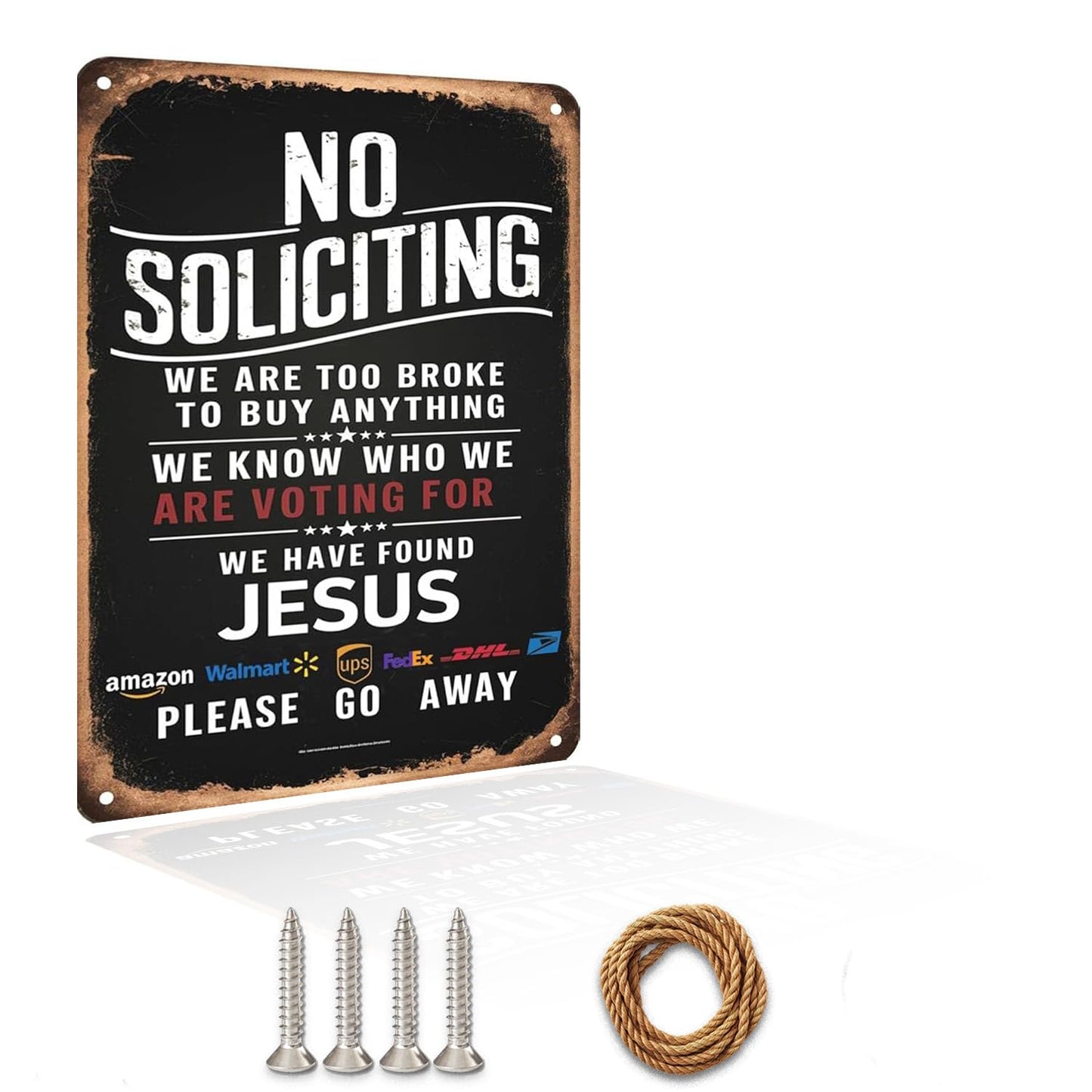 Hilarious No Soliciting Sign! "Jesus Is In, Sales Out" Rust-Resistant Galvanized Iron Door Sign, 8in * 12in, Unique Home Decor (No Soliciting We Are Too Broke, Found Jesus B) (Yellow)