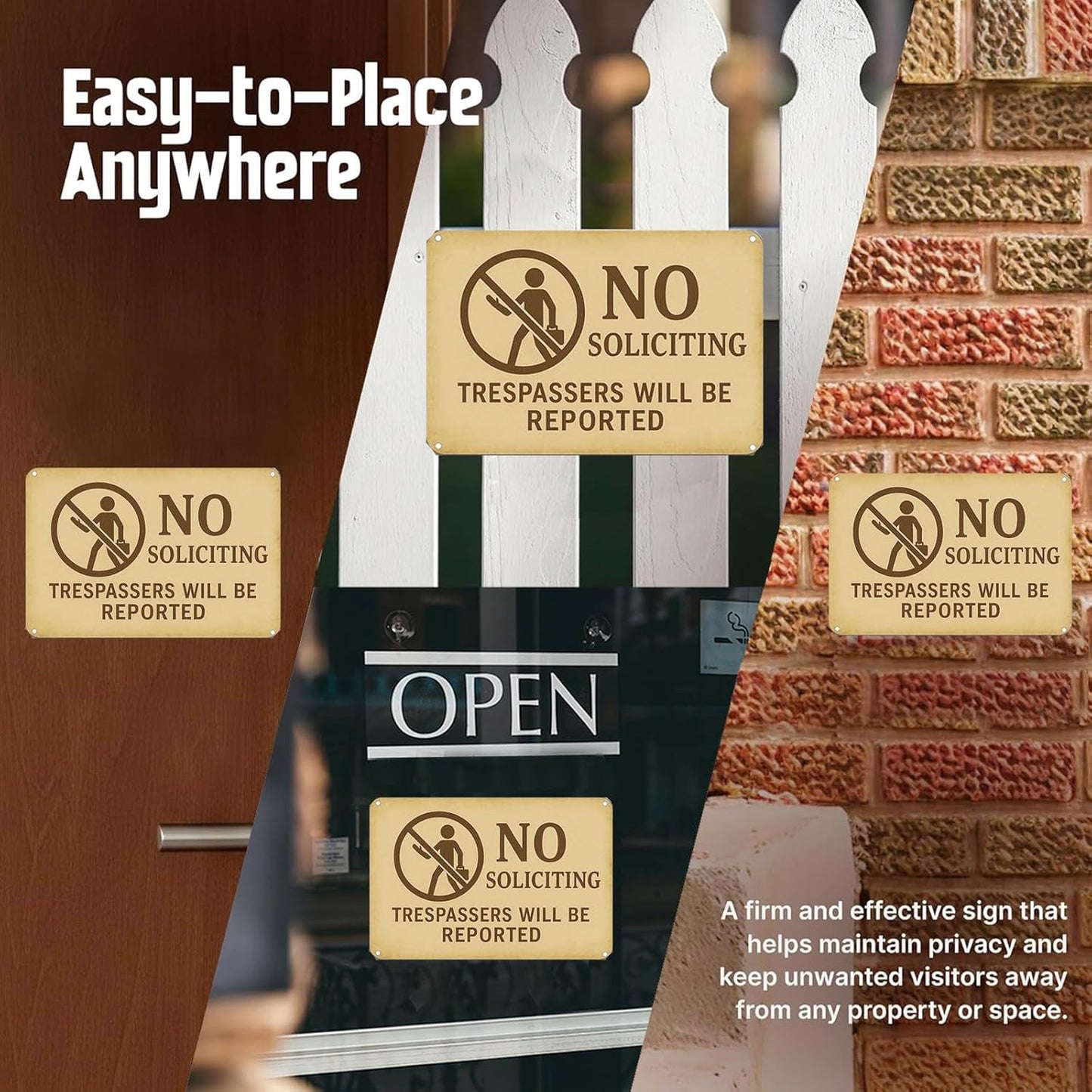 No Soliciting Sign for House - Trespassers Will Be Reported Warning Rust-Free Aluminum Metal Sign UV Printed Waterproof Outdoor No Soliciting Yard Sign for Front Door Fence Gate & Wall with Free Screws & Rope