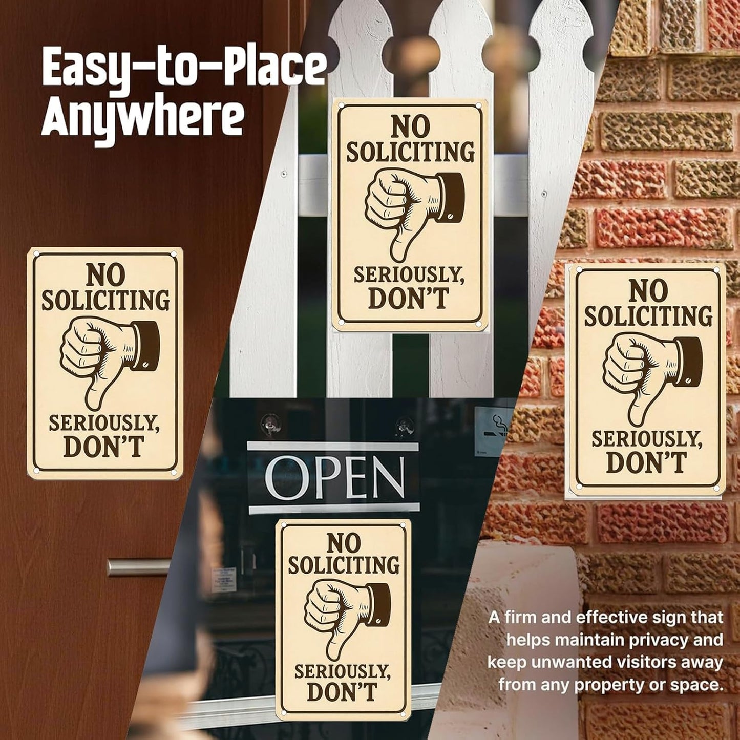 No Soliciting Sign for House Front Door – 9x12 Inch Aluminum Metal Waterproof Outdoor Sign UV Printed Durable Yard Fence Wall Decor Free Screws & Rope Included Privacy Protection Sign