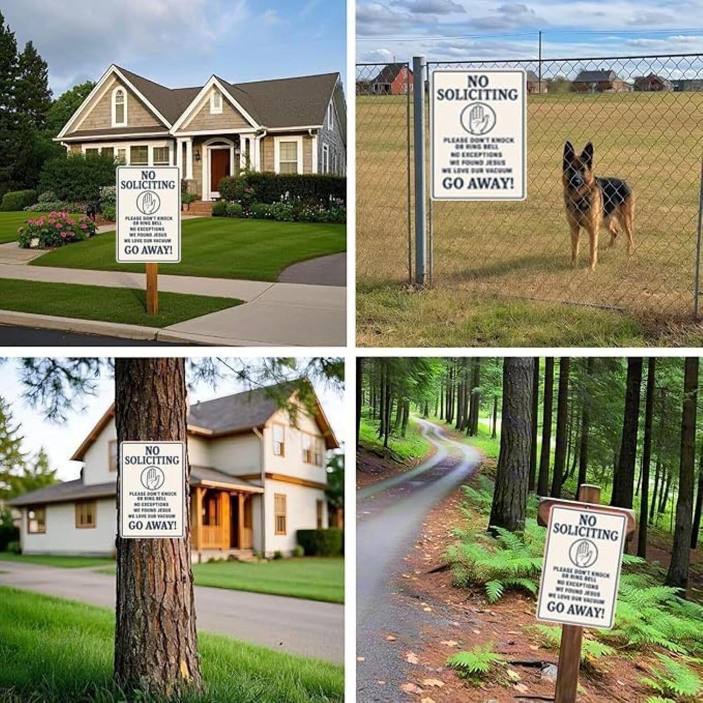 No Soliciting Sign for House Funny, 12 x 9 Inches Rust-Proof Aluminum No Soliciting Sign for Front Door, Humorous Do Not Ring Doorbell Signs, No Solicitation Signs for Home with Screws & Rope (White)