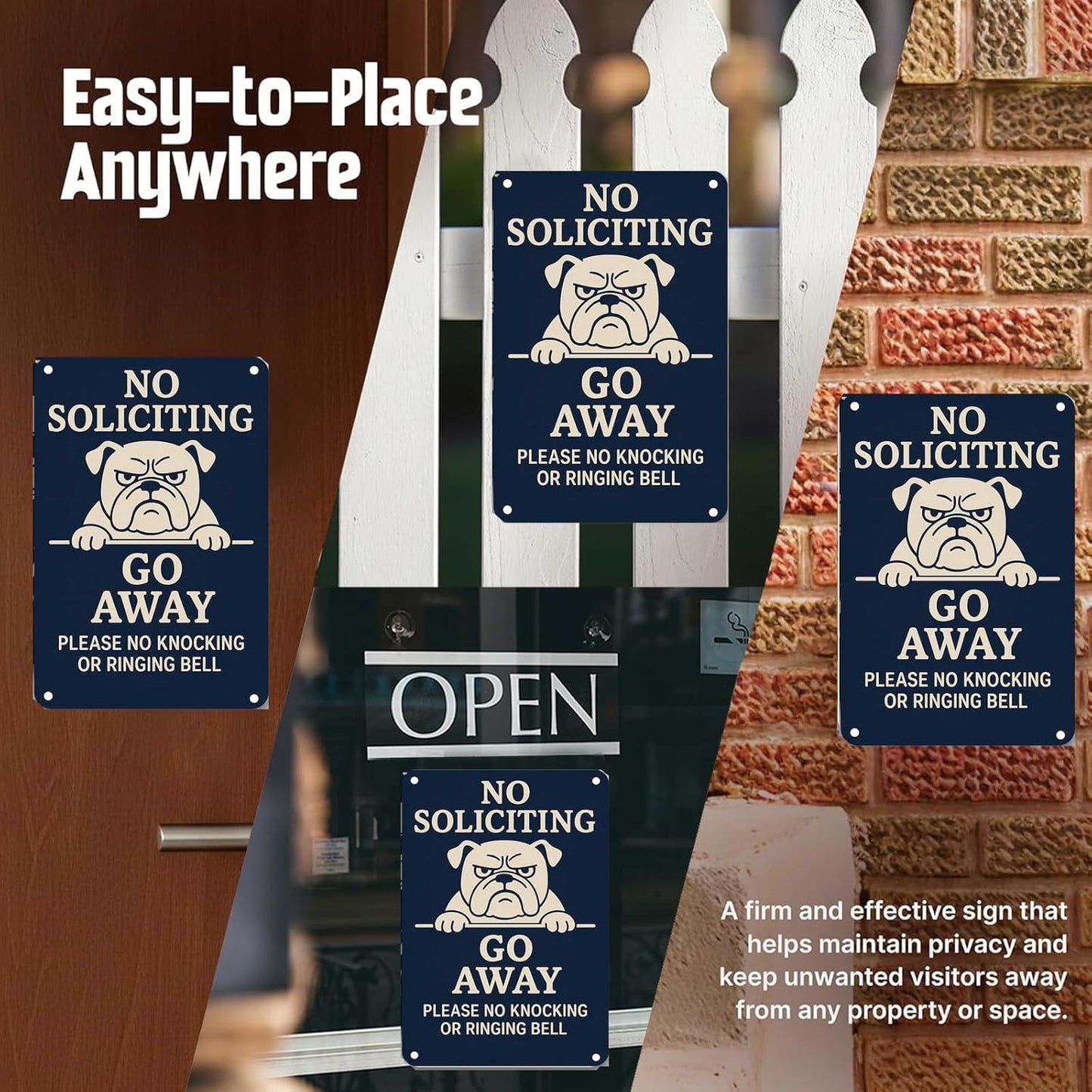 Beware of Dog Sign – No Soliciting Go Away Bulldog Warning, Rust-Free Aluminum Metal Sign, UV Printed Waterproof Outdoor Yard Fence Gate Door Decor with Free Screws & Rope