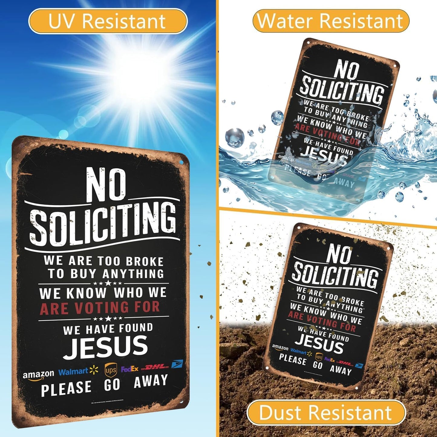 Hilarious No Soliciting Sign! "Jesus Is In, Sales Out" Rust-Resistant Galvanized Iron Door Sign, 8in * 12in, Unique Home Decor (No Soliciting We Are Too Broke, Found Jesus B) (Black)