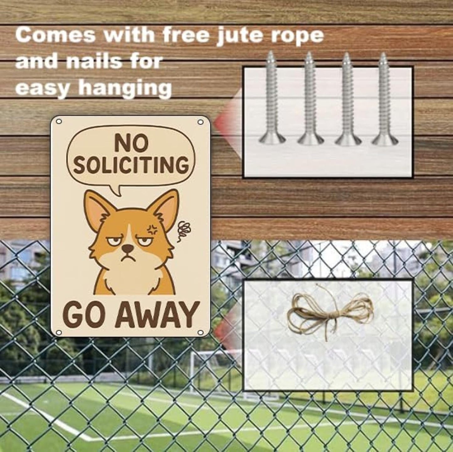 Nah We Good No Soliciting Sign – 12 x 9 Inches Funny No Soliciting Sign for House, Rust-Proof Metal No Soliciting Sign for Front Door, Outdoor Cute No Soliciting Sign with Screws & Rope