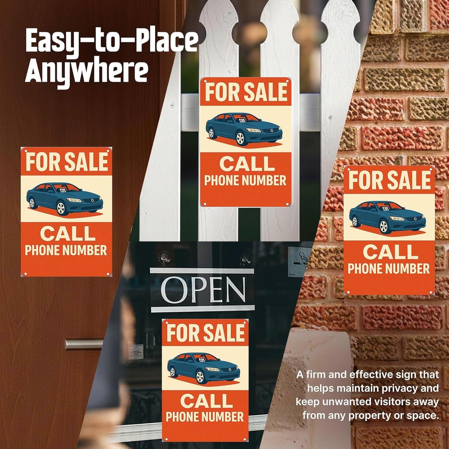 For Sale Sign Car - Rust-Free Aluminum Metal Sign UV Printed Waterproof Outdoor Yard Garage Fence Gate Notice Magnetic Compatible with Vehicle Window + Free Screws & Rope