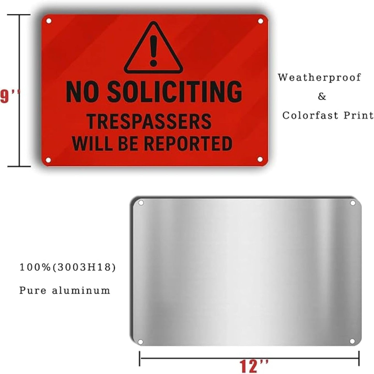 No Soliciting Sign for Front Door,Large Trespassers Will Be Reported Warning Rust-Free Aluminum Red Metal Signs UV Printed Waterproof Outdoor Yard Wall Fence Gate Door Sign with Free Screws & Rope